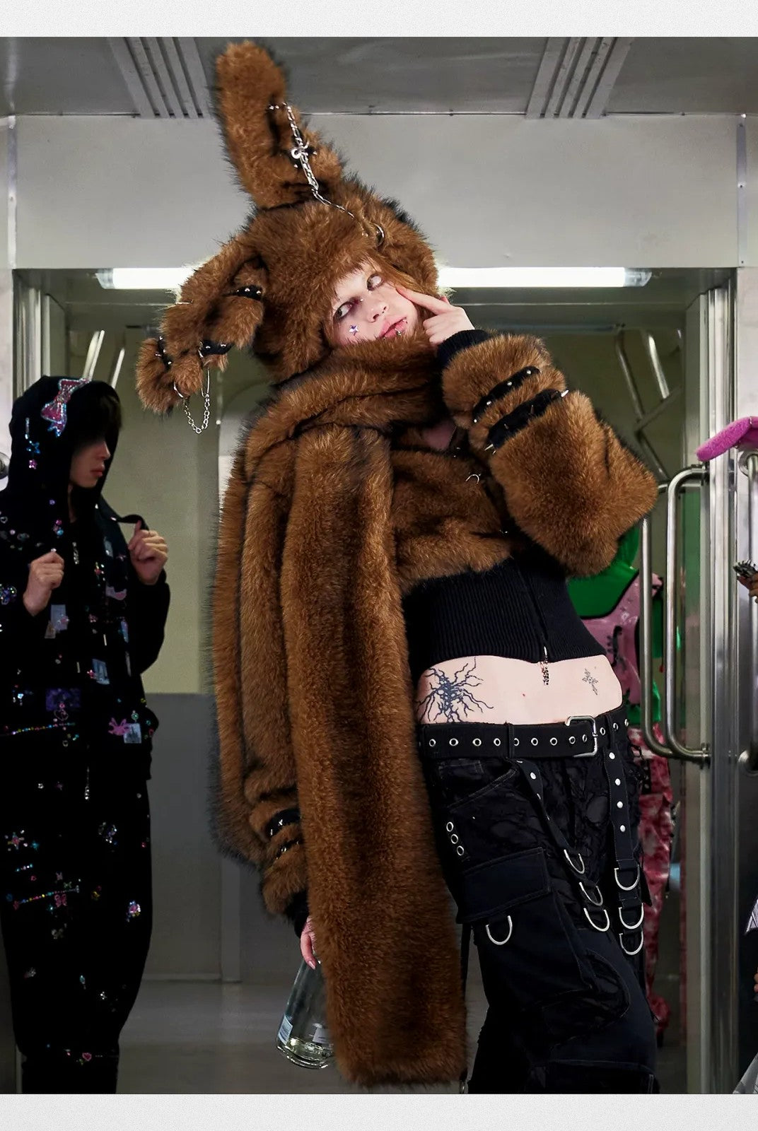 CFIERCE Pierced Faux Fur Bunny Hooded Scarf in Brown - On Model