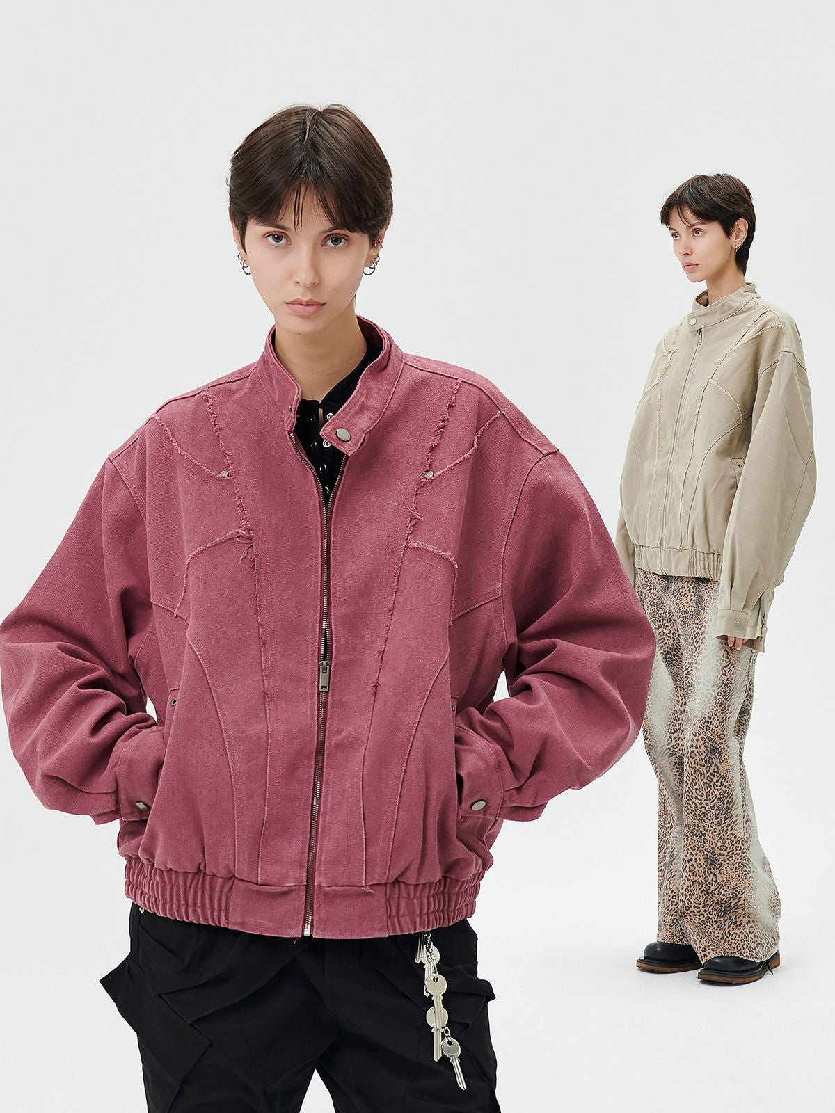 LOSTCTRL Washed Raw Edge Jacket in Pink - On Model