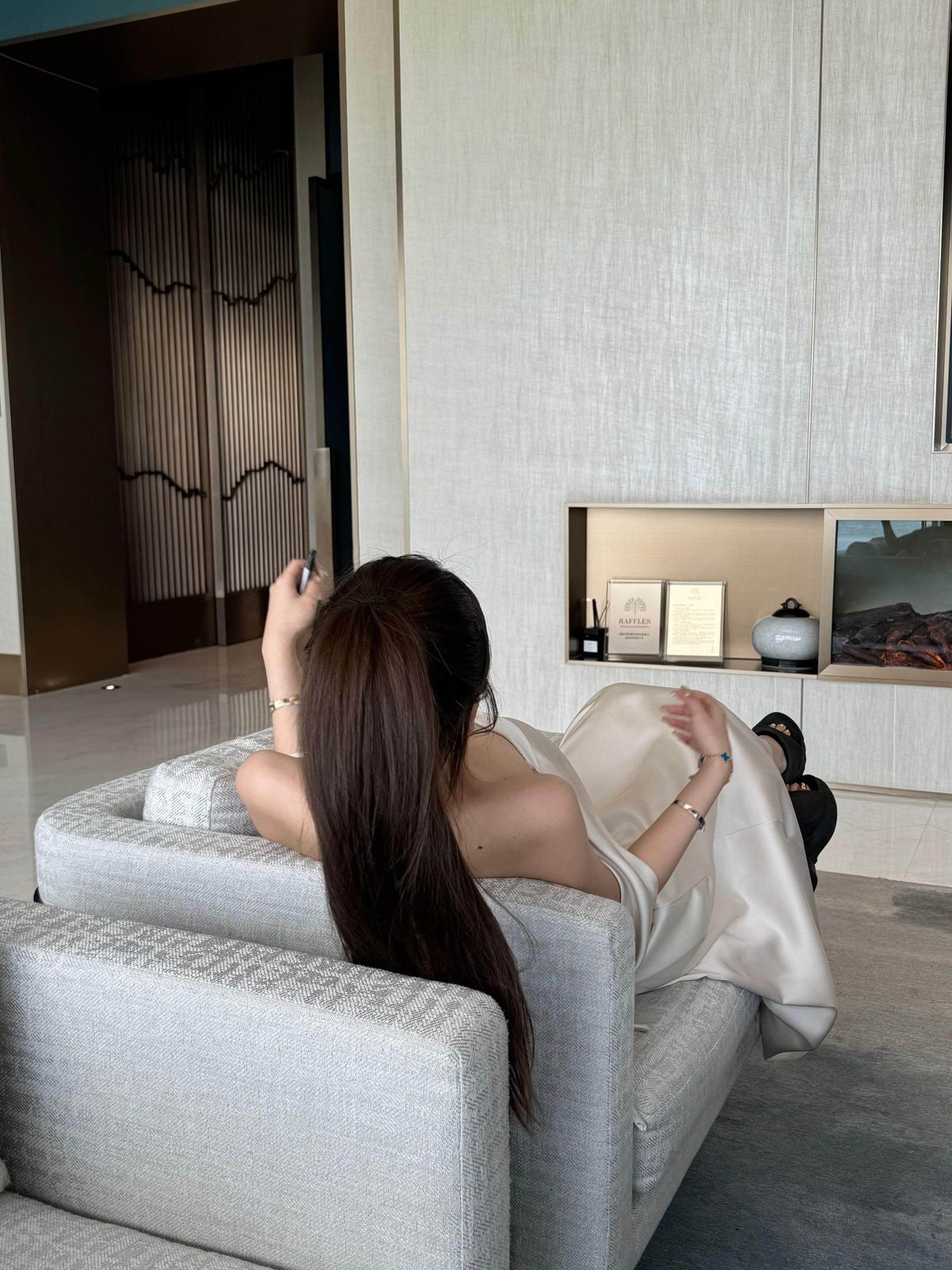 1S STUDIO Acetate Satin Strapless Dress in White - Lifestyle