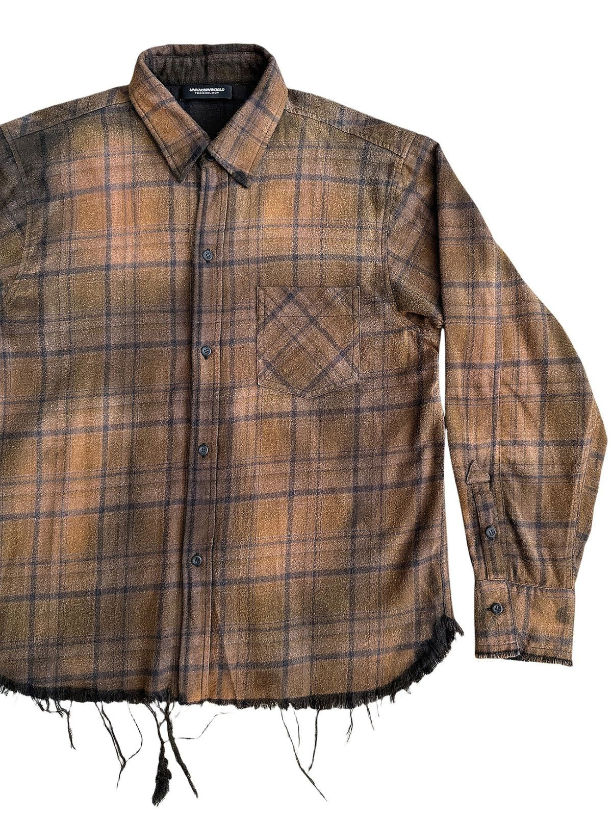 UNKNOWNWORLD Distressed Raw Hem Plaid Shirt in Coffee