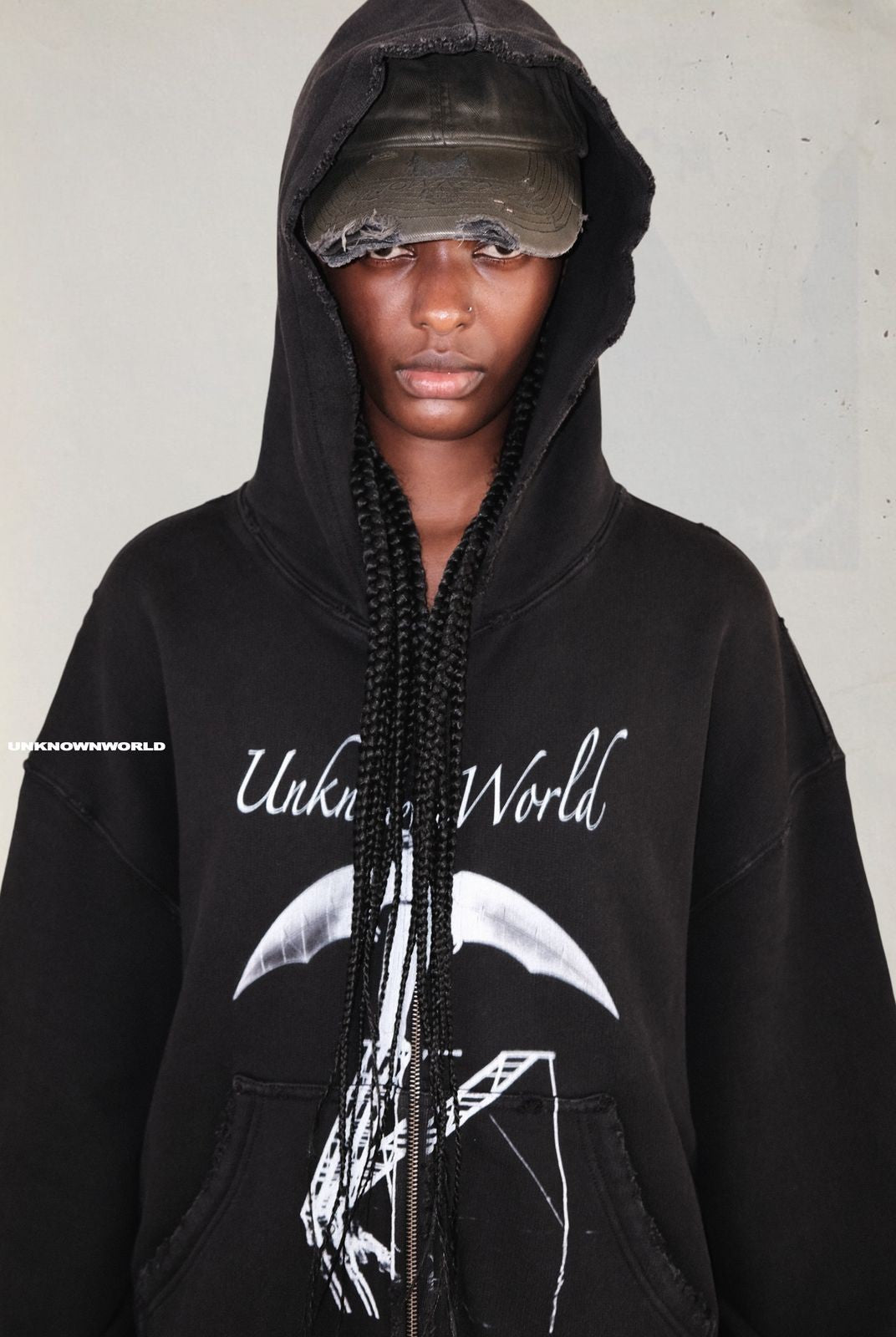 UNKNOWNWORLD Distressed Bat Print Zip Up Hoodie in Black - On Model