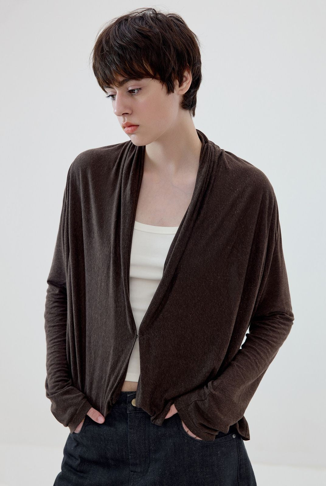 Simple Project Linen Blend Cowl Neck Cardigan in Brown - On Model