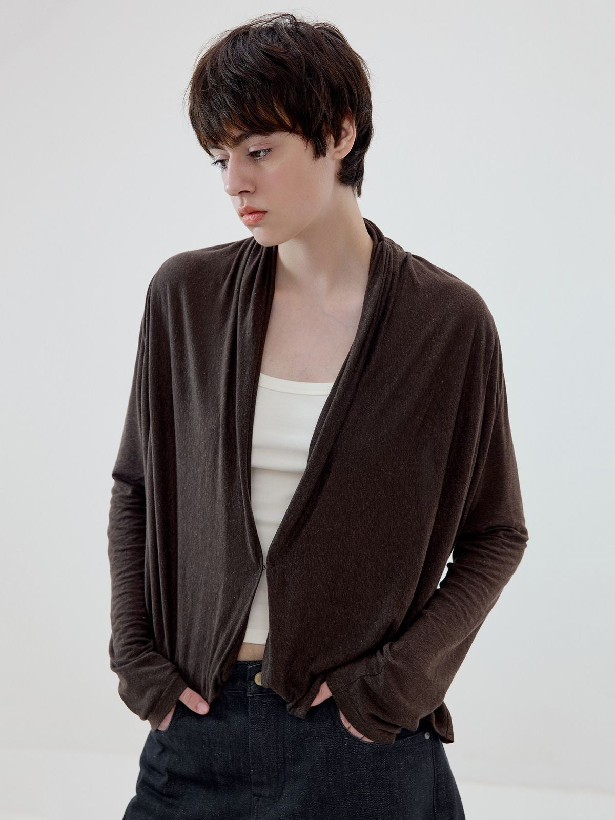 Simple Project Linen Blend Cowl Neck Cardigan in Brown - On Model