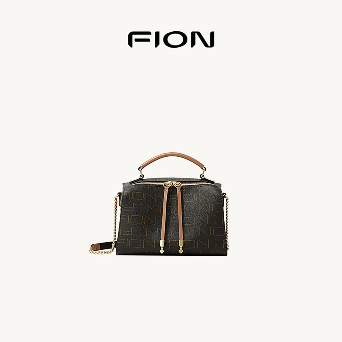 FION Monogram Canvas Crossbody Pillow Bag in Caramel