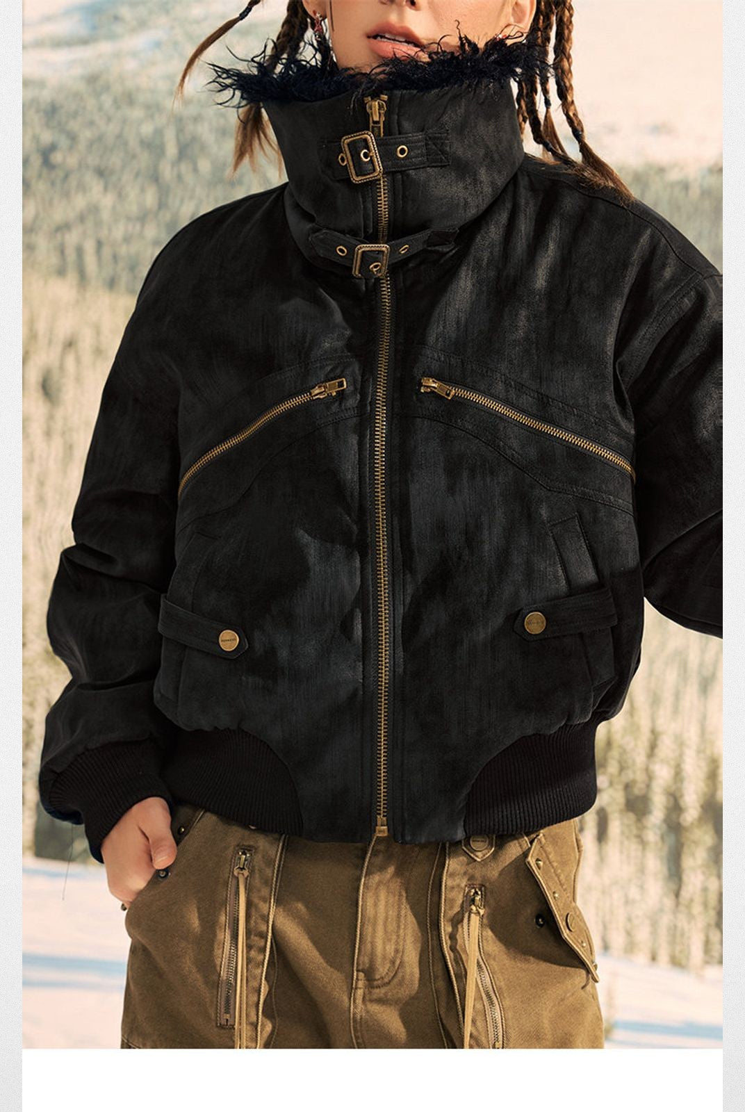 Beer Bro Faux Fur Collar PU Suede Bomber in Black - On Model