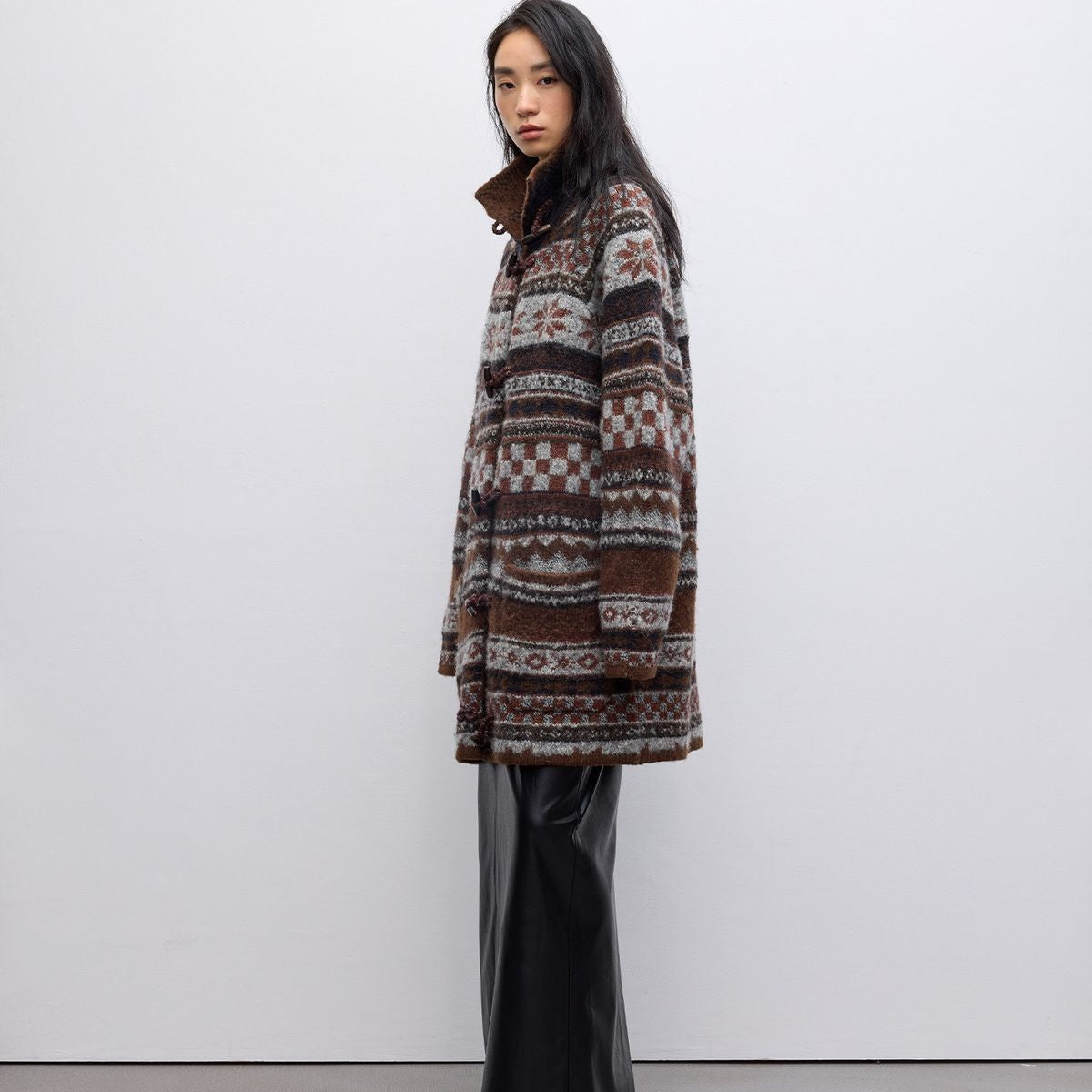 RandomPiece Fair Isle Wool Blend Toggle Coat in Dark Brown - On Model