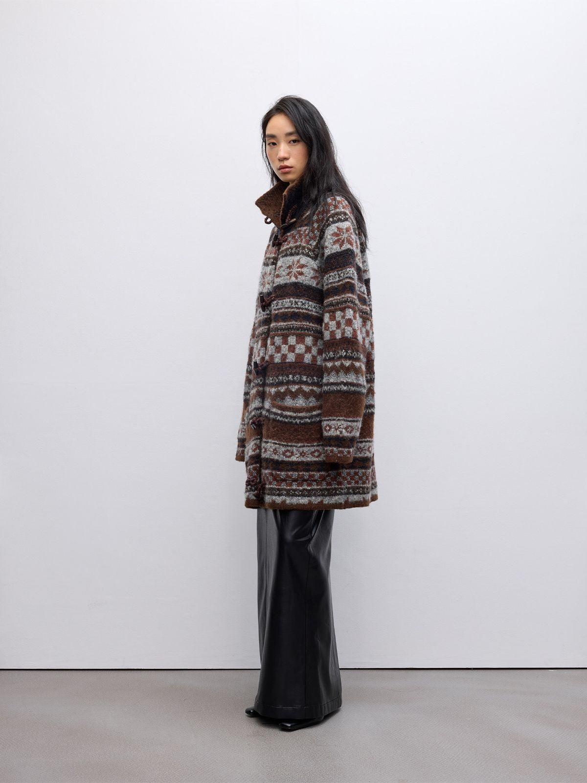 RandomPiece Fair Isle Wool Blend Toggle Coat in Dark Brown - On Model