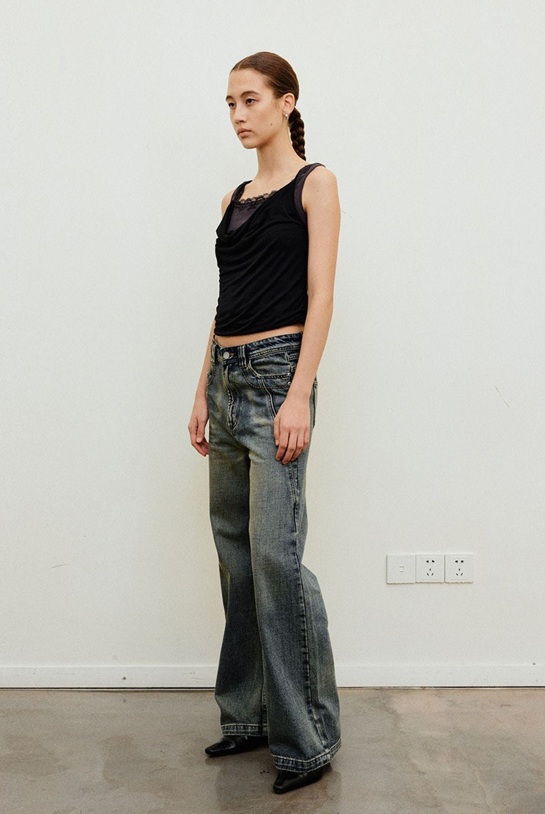 NeverSeez Hand Distressed Micro Flare Jeans in Light Blue