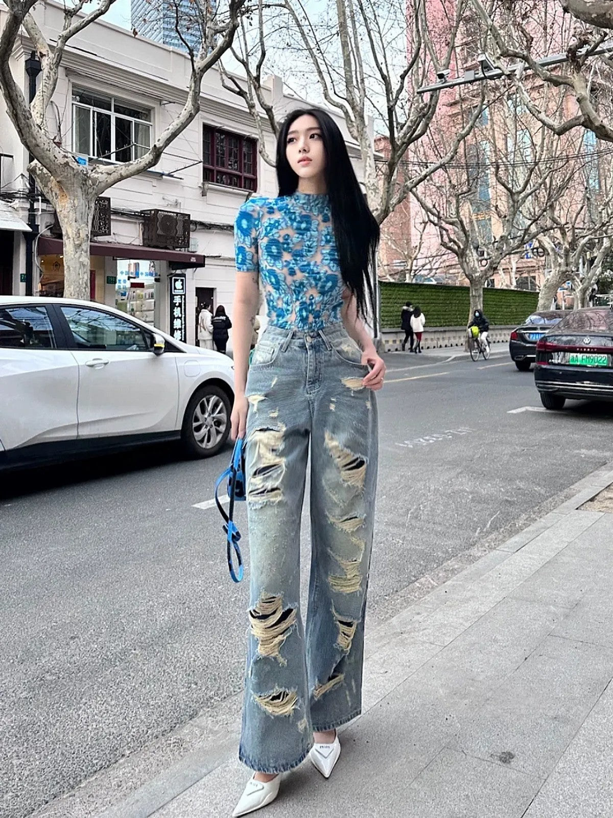 LOSTCTRL Double Layer Distressed Straight Jeans in Blue - On Model