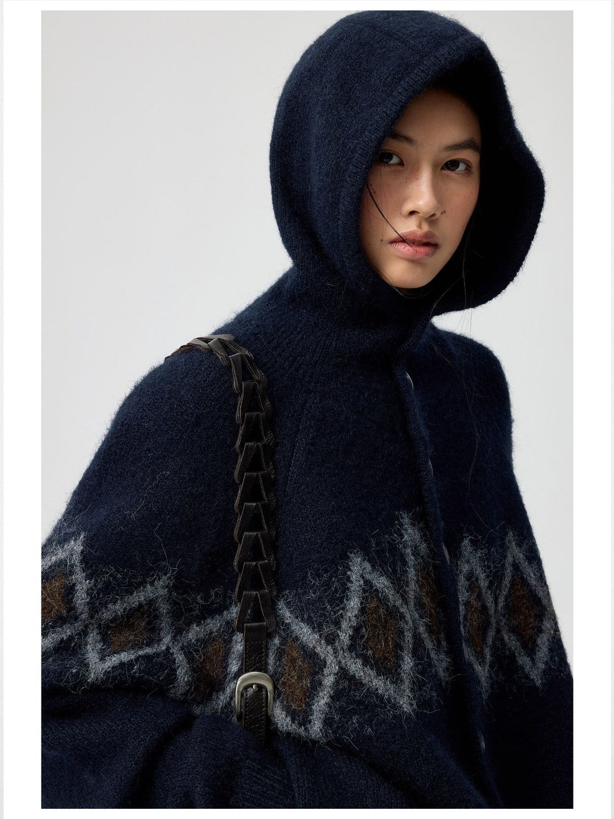 Simple Project Offset Argyle Hooded Cardigan in Navy Blue - On Female Model