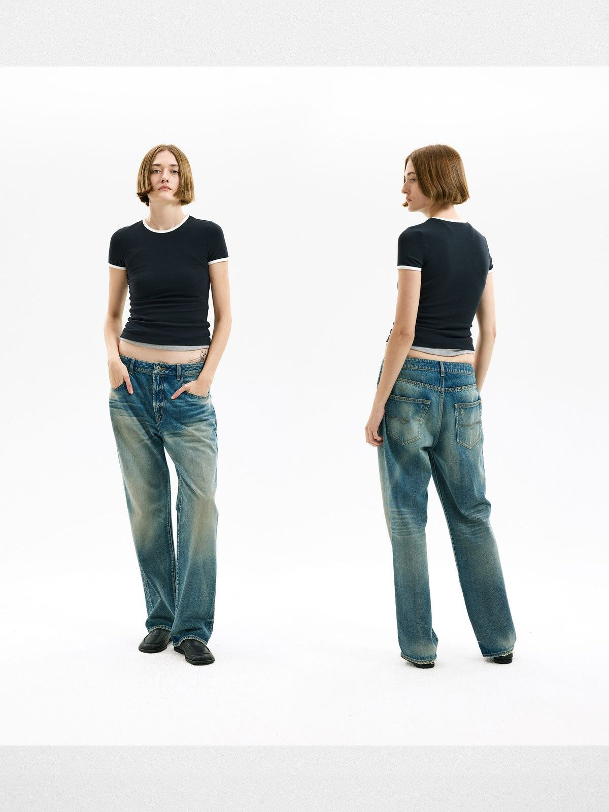 alright then Distressed Low Rise Stacked Jeans in Blue - On Model