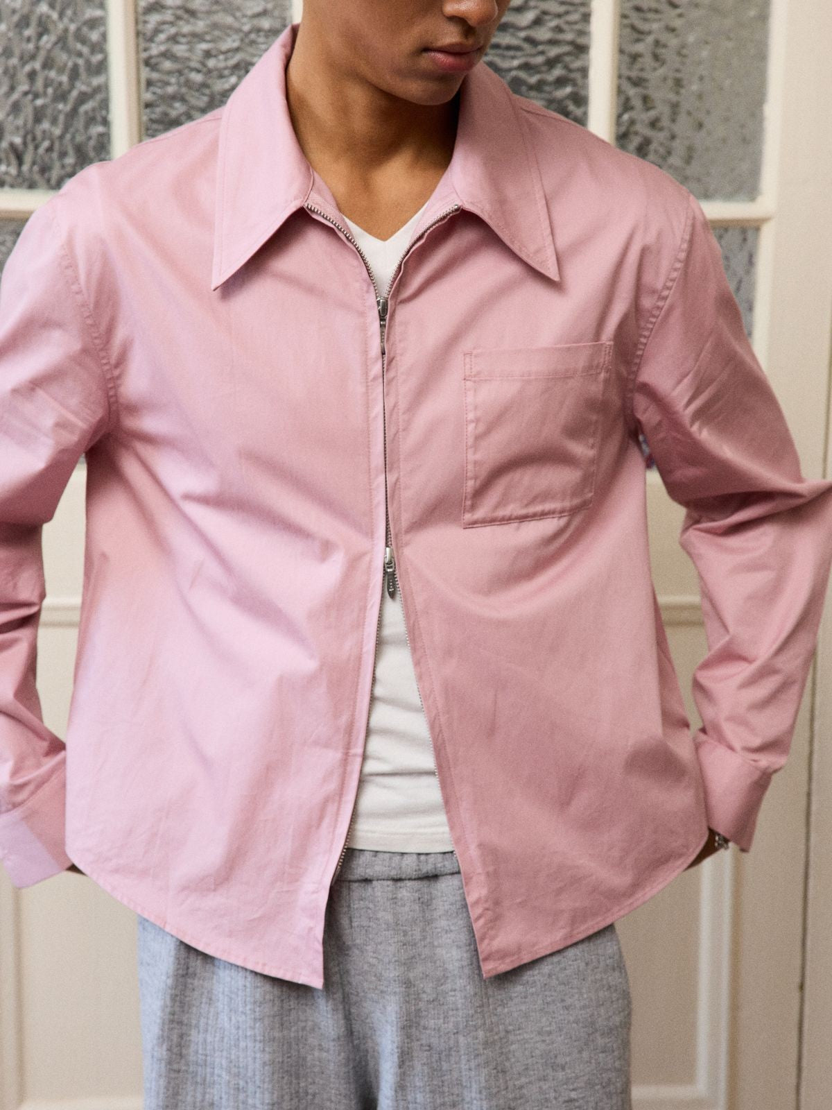 Retro 21 Pink Beige Double Zip Cotton Shirt in Off-White - On Model