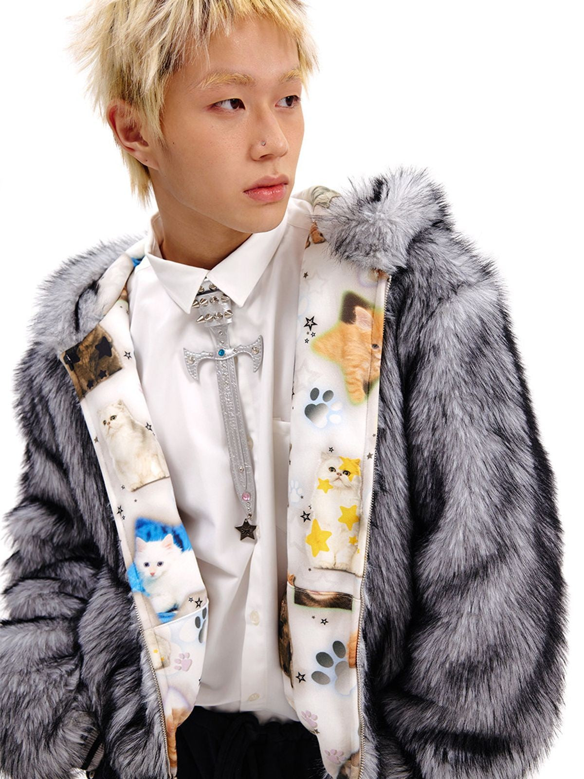 CFIERCE Reversible Cat Print Faux Fur Jacket in White - On Male Model