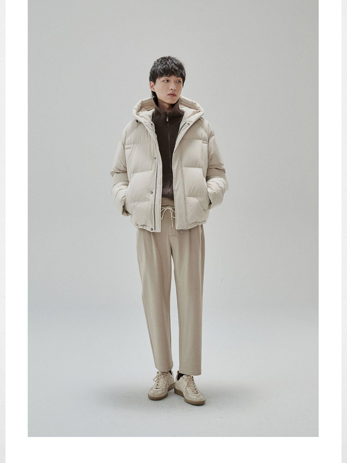 NANS Wide Quilt Hooded Down Puffer in Beige - On Model