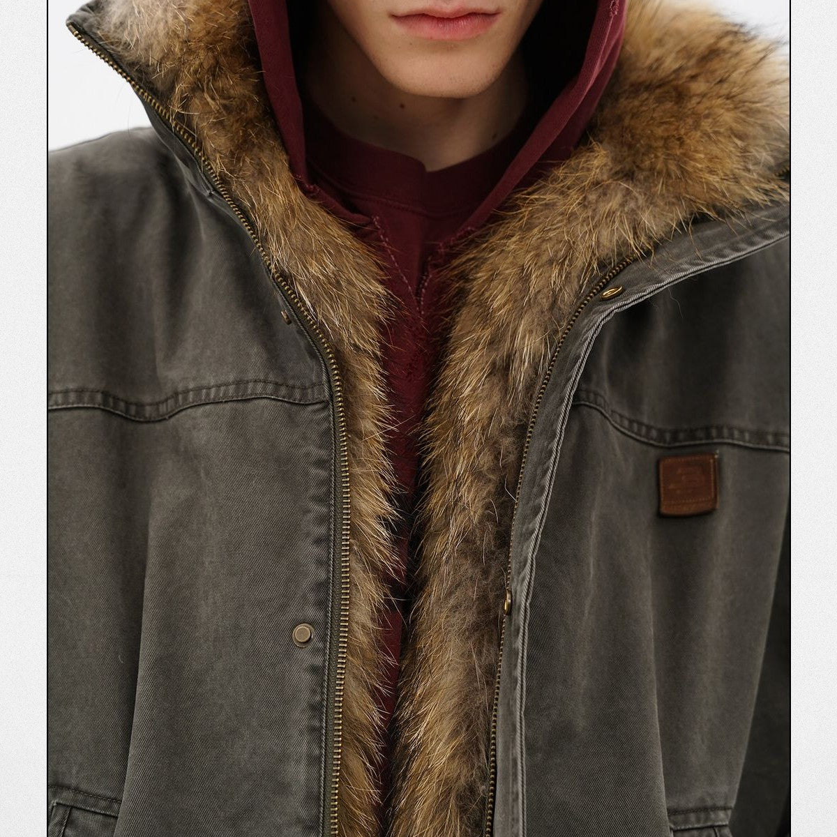 MASONPRINCE Fox Fur Collar Canvas Hunting Jacket in Green - On Model #color_green