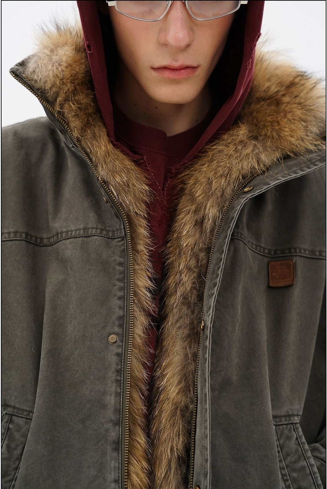 MASONPRINCE Fox Fur Collar Canvas Hunting Jacket in Green - On Model #color_green