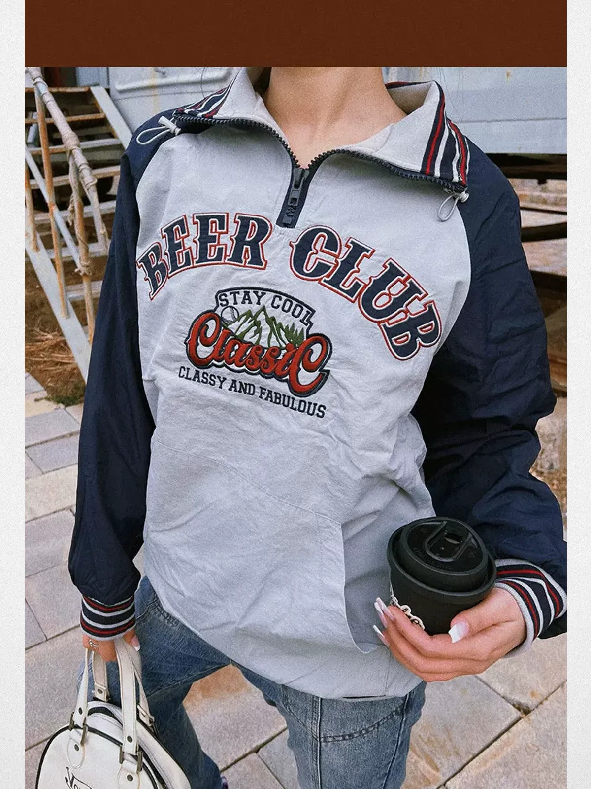 BeerBro Color Block Half Zip Sweatshirt in Gray