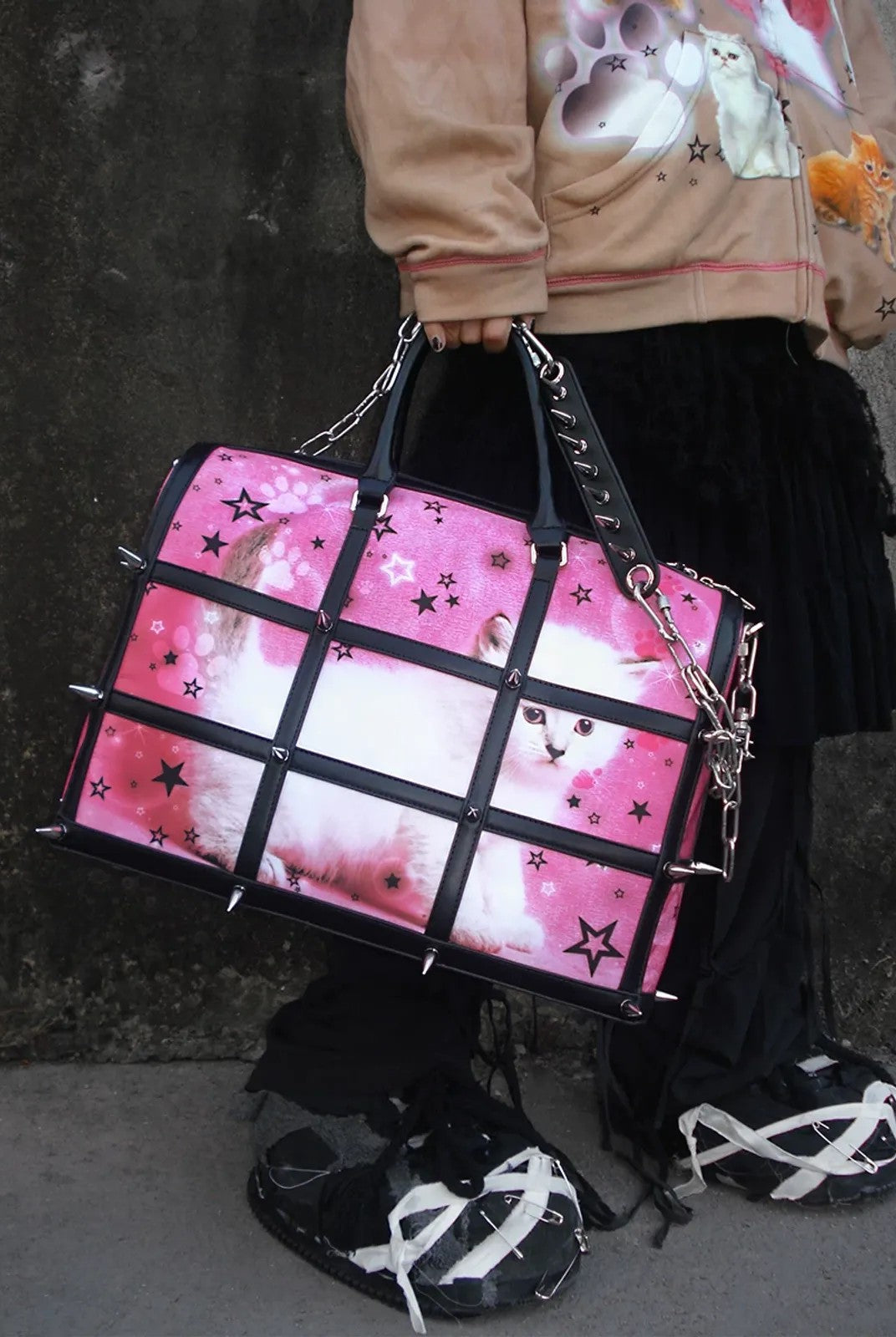 CFIERCE Spiked Cat Print Cage Bag in Red