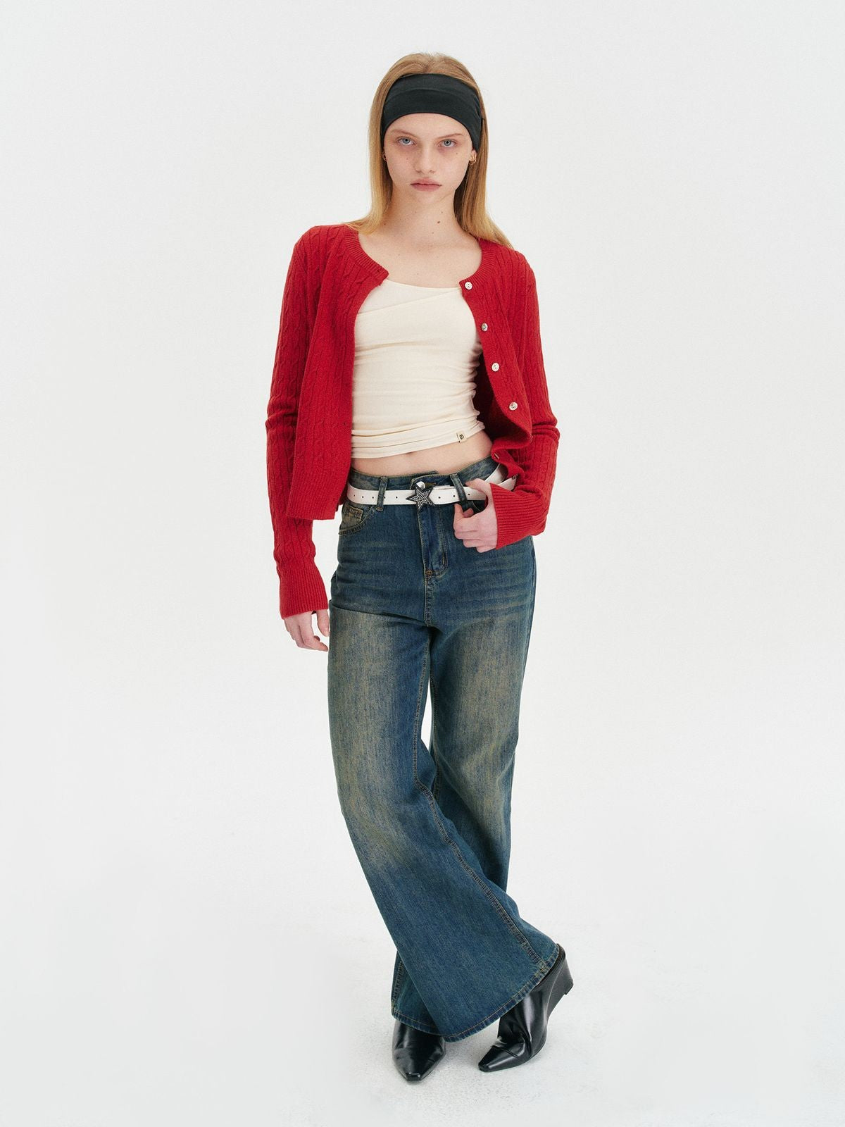 Amee Cable Knit Crew Cardigan in Red - On Model