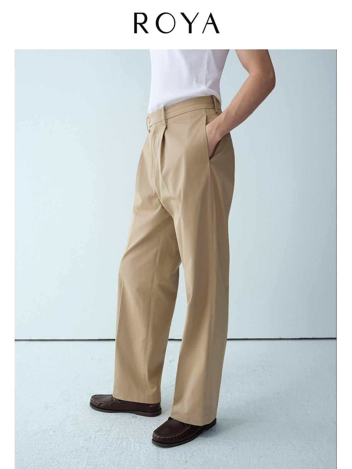 ROYA Pleated Long Staple Cotton Chinos in Khaki - On Model