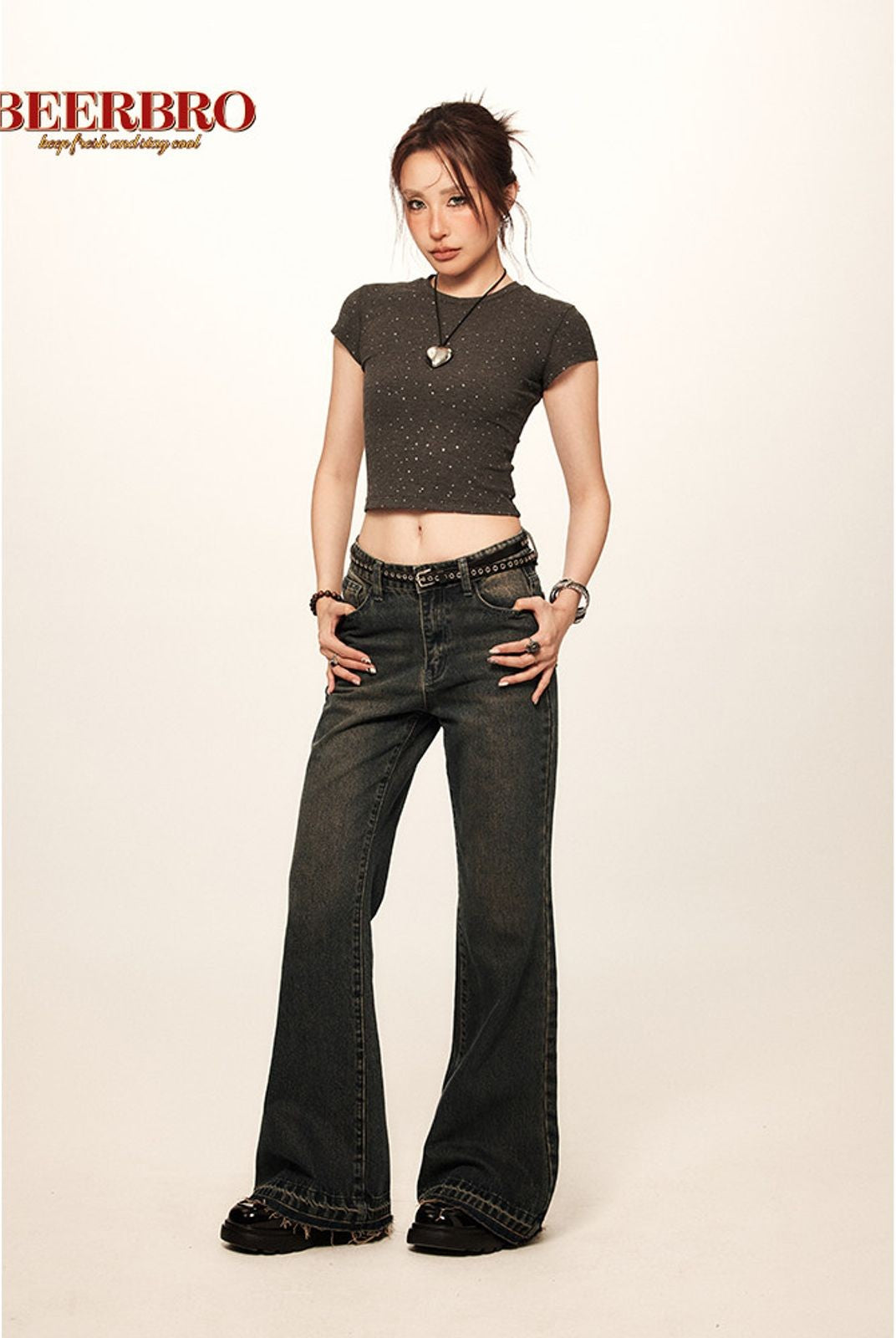 BeerBro Low Rise Raw Hem Micro Flare Jeans in Navy Blue