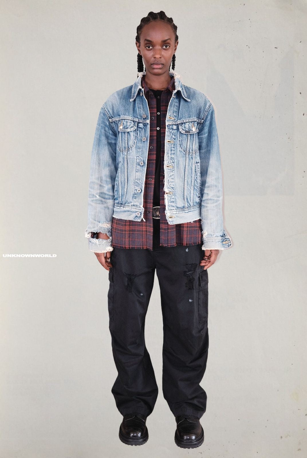 UNKNOWNWORLD Heavy Distressed Denim Jacket in Blue - On Model