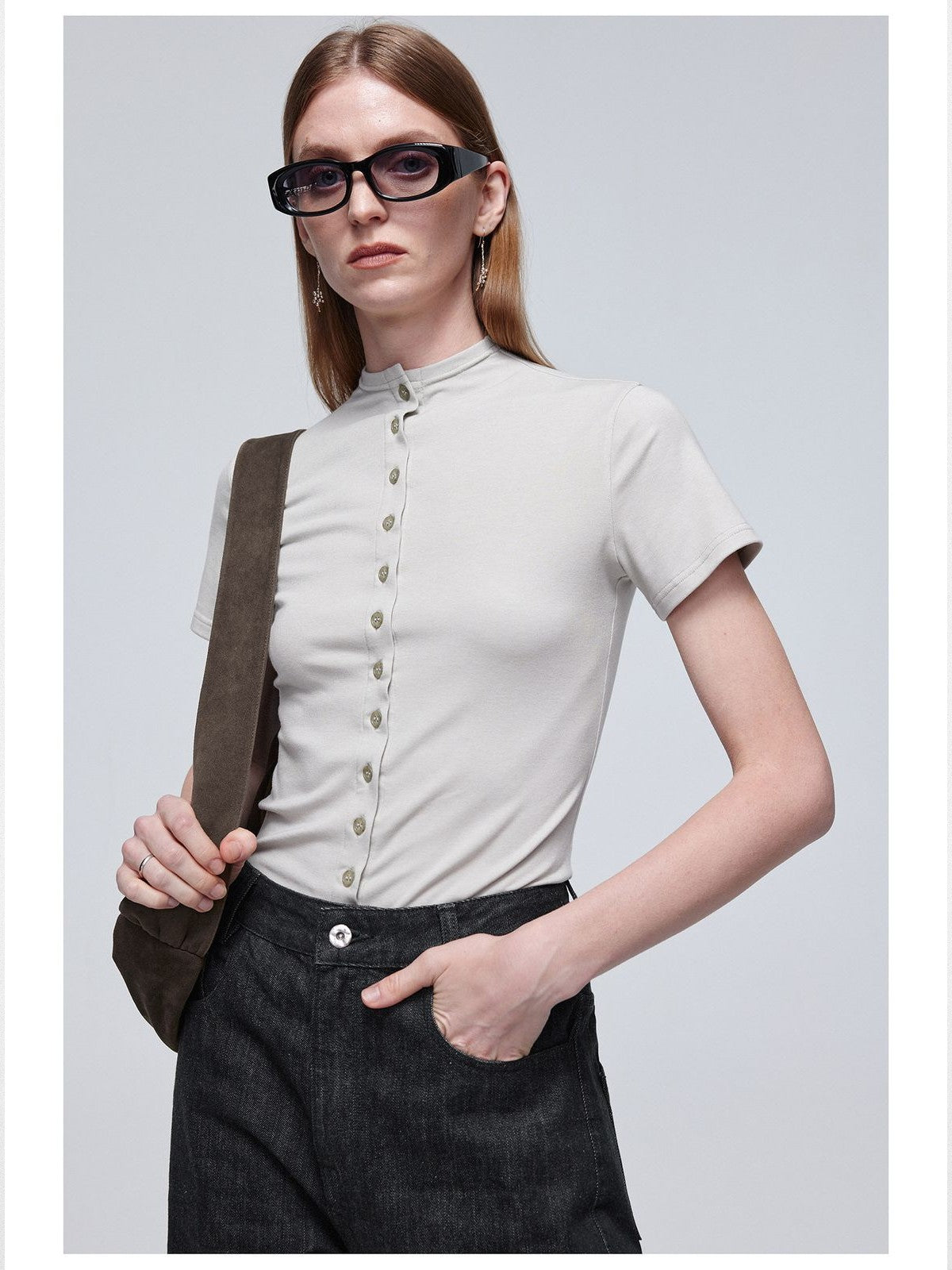 Simple Project Tencel Wool Button Front Tee in Gray - On Model