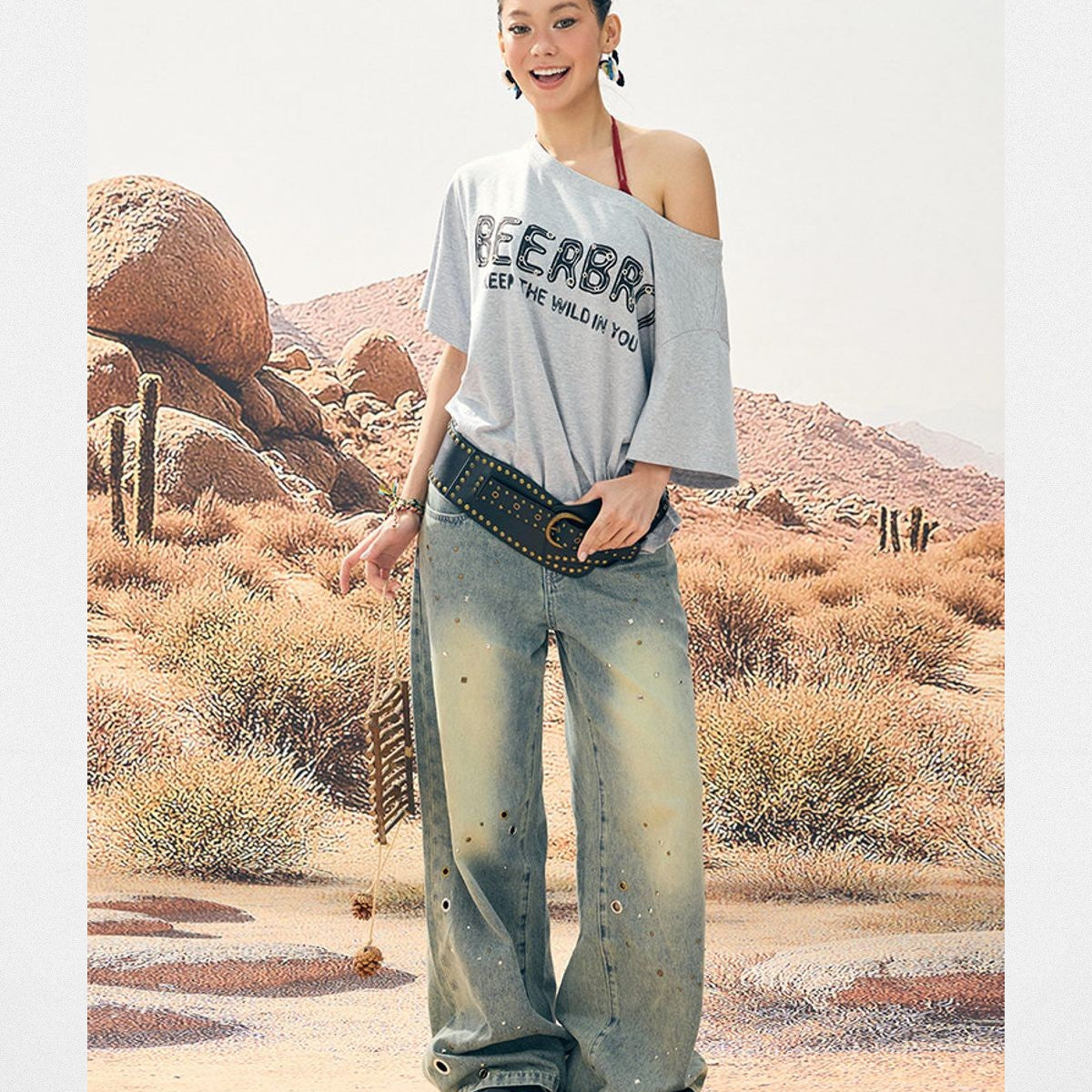 BeerBro Oversized Off Shoulder Graphic Tee in Heather Gray - On Model
