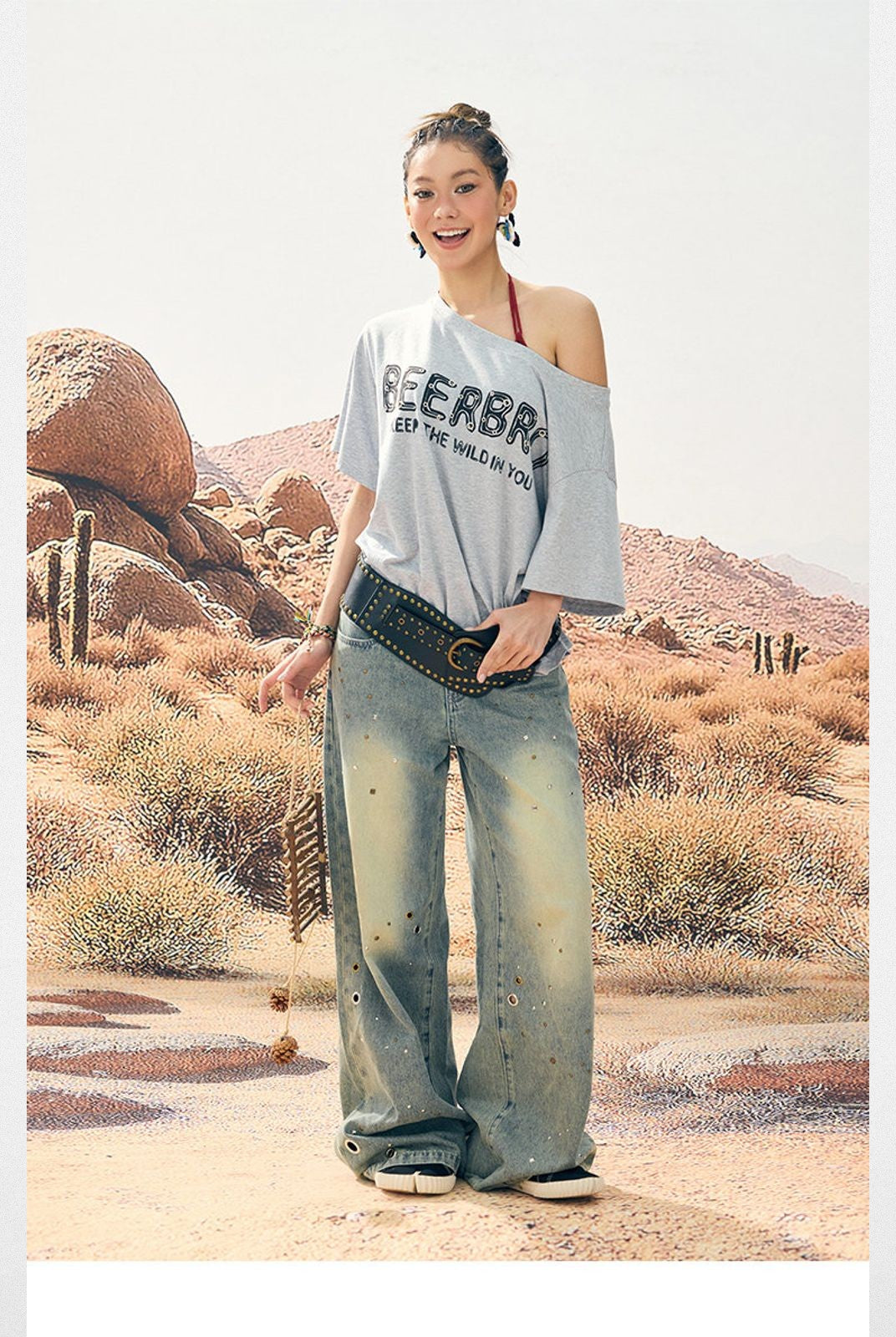 BeerBro Oversized Off Shoulder Graphic Tee in Heather Gray - On Model