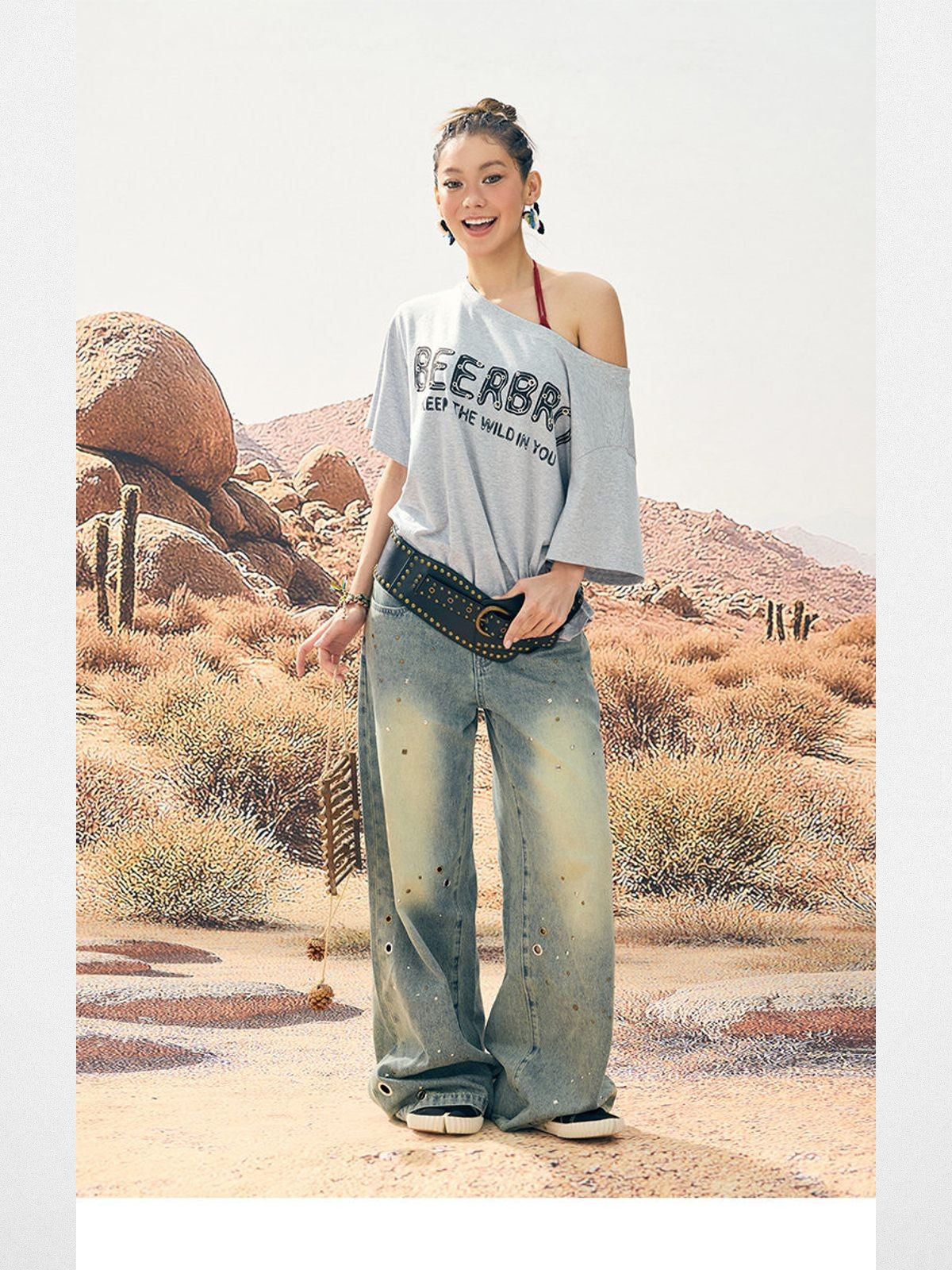 BeerBro Oversized Off Shoulder Graphic Tee in Heather Gray - On Model