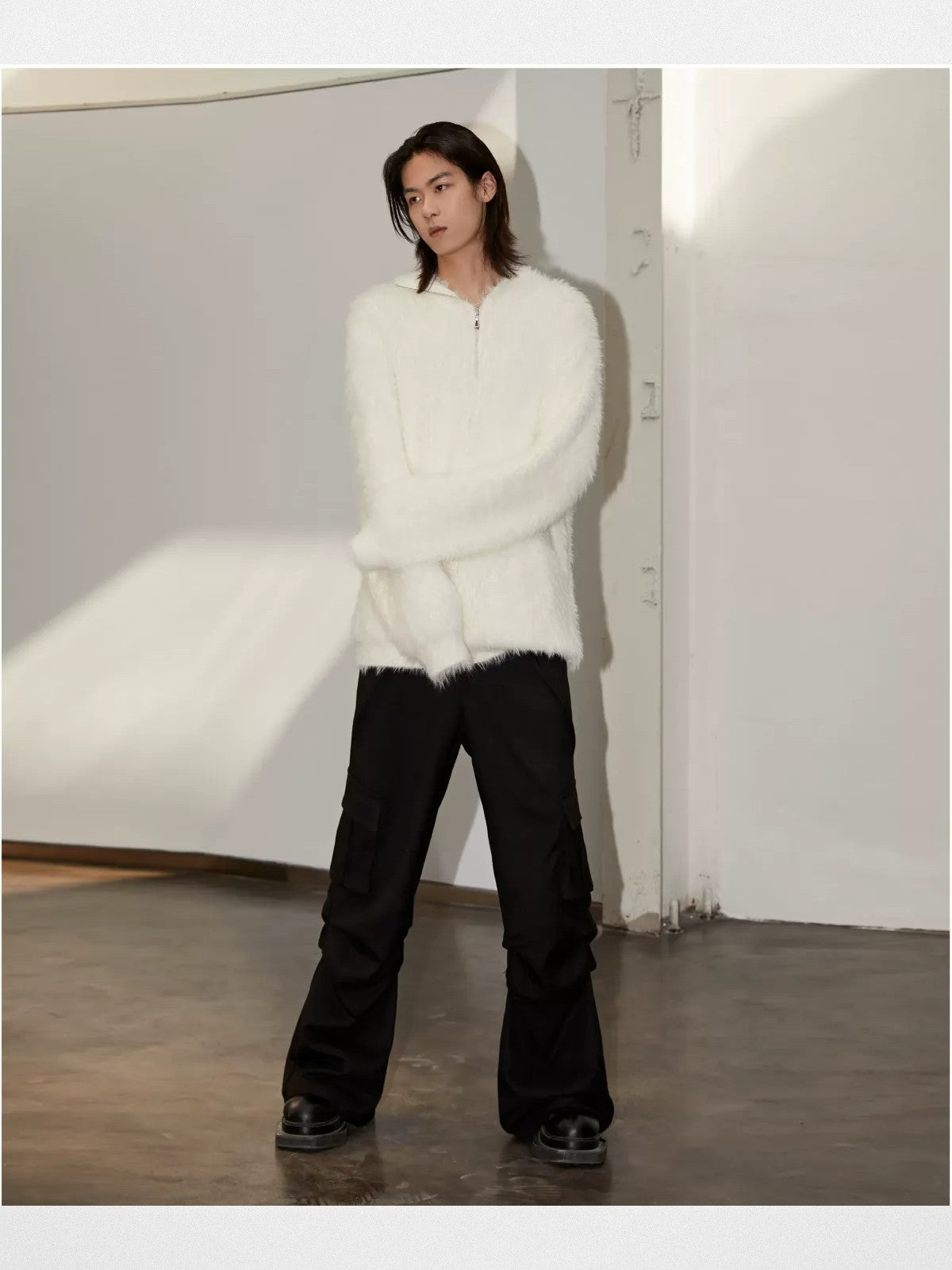 Y OFFICIAL Faux Mink Half Zip Hoodie in White - On Male Model