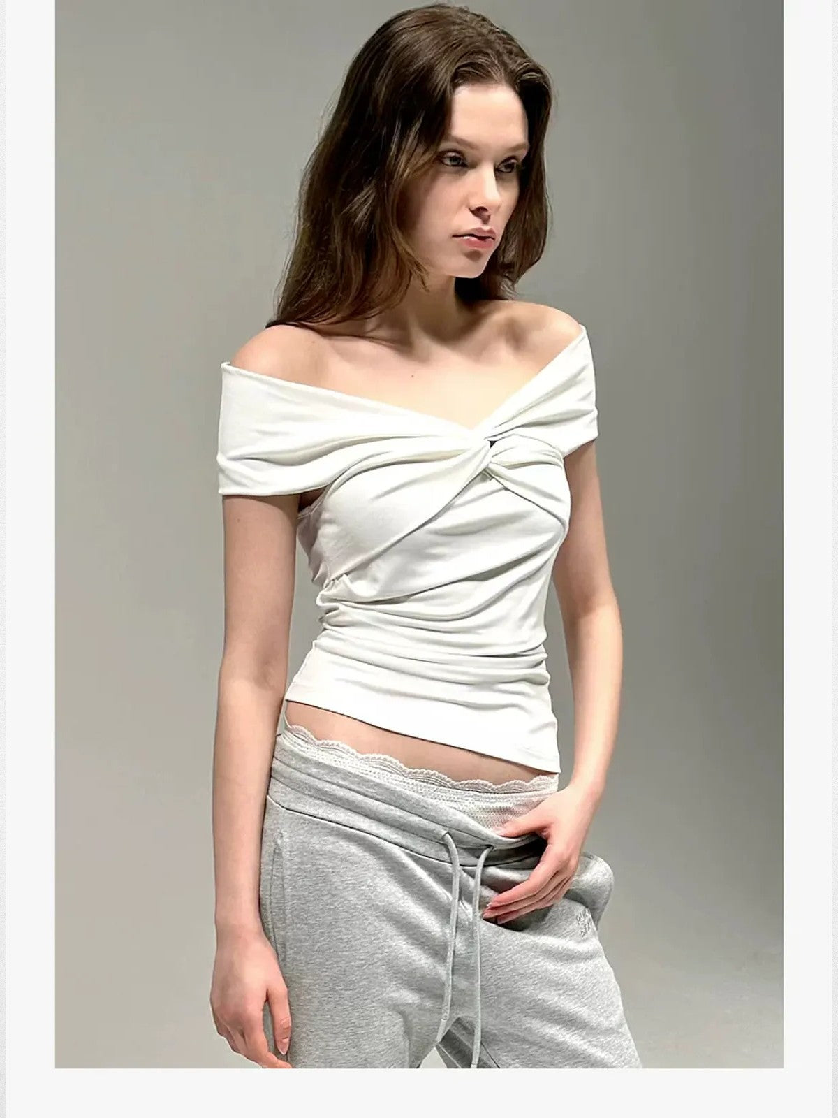 PUKI Twisted Knot Off Shoulder Top in White - On Model