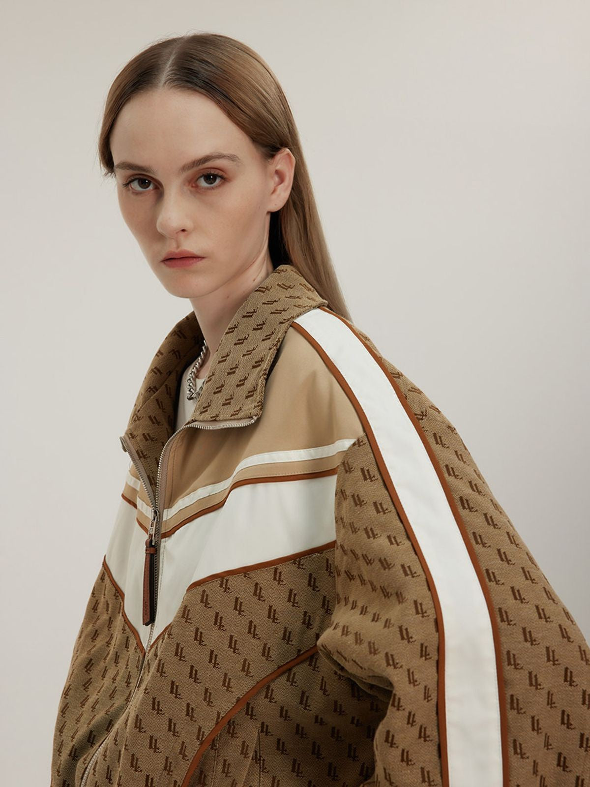 LOSTCTRL Monogram Color Block Track Jacket in Beige - On Model