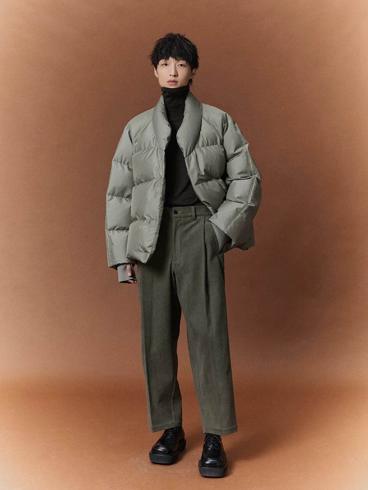 NANS Kimono Collar Down Puffer in Mint - On Model