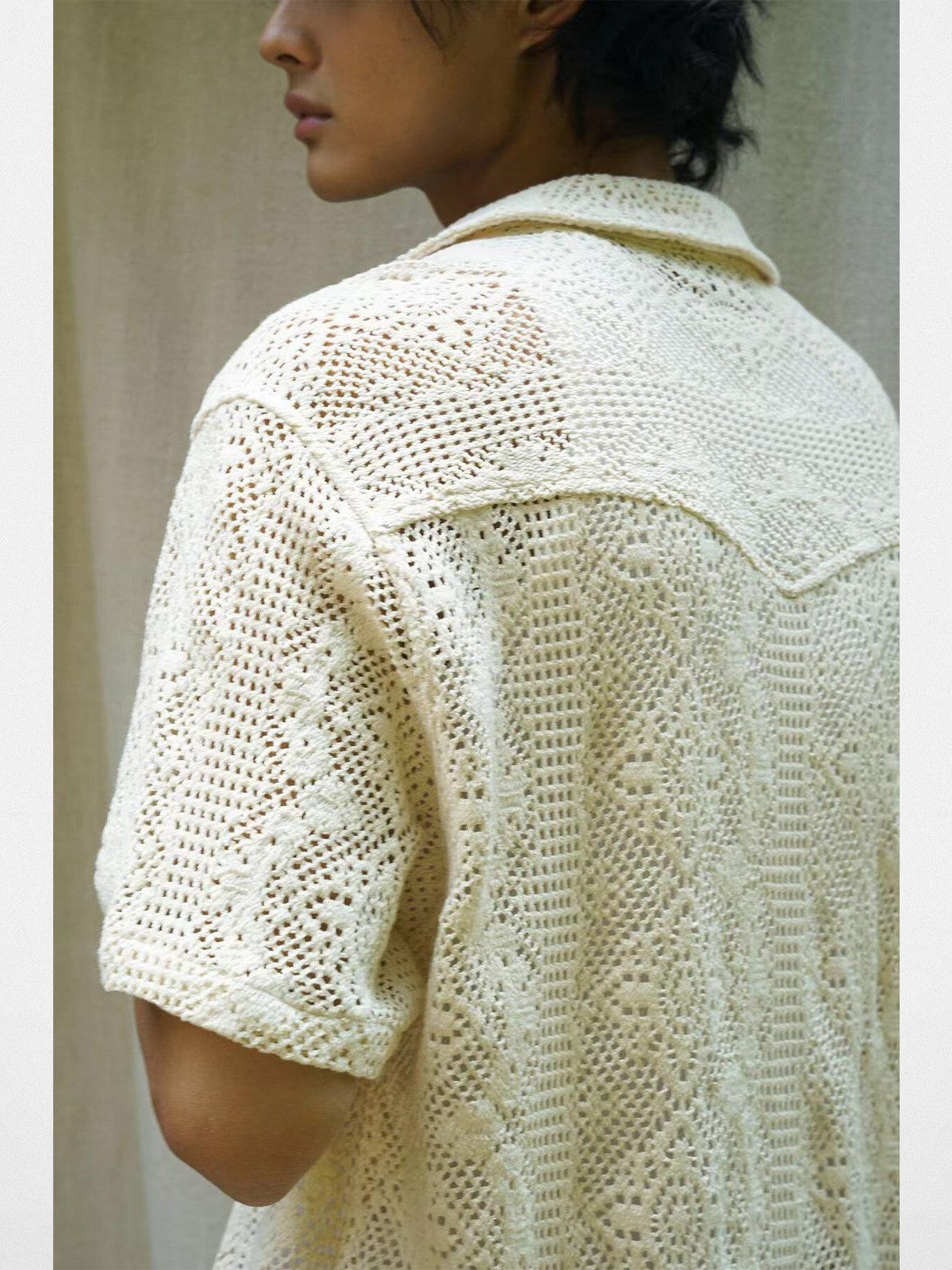 Retro 21 Fringed Lace Knit Cuban Collar Shirt in White - On Male Model