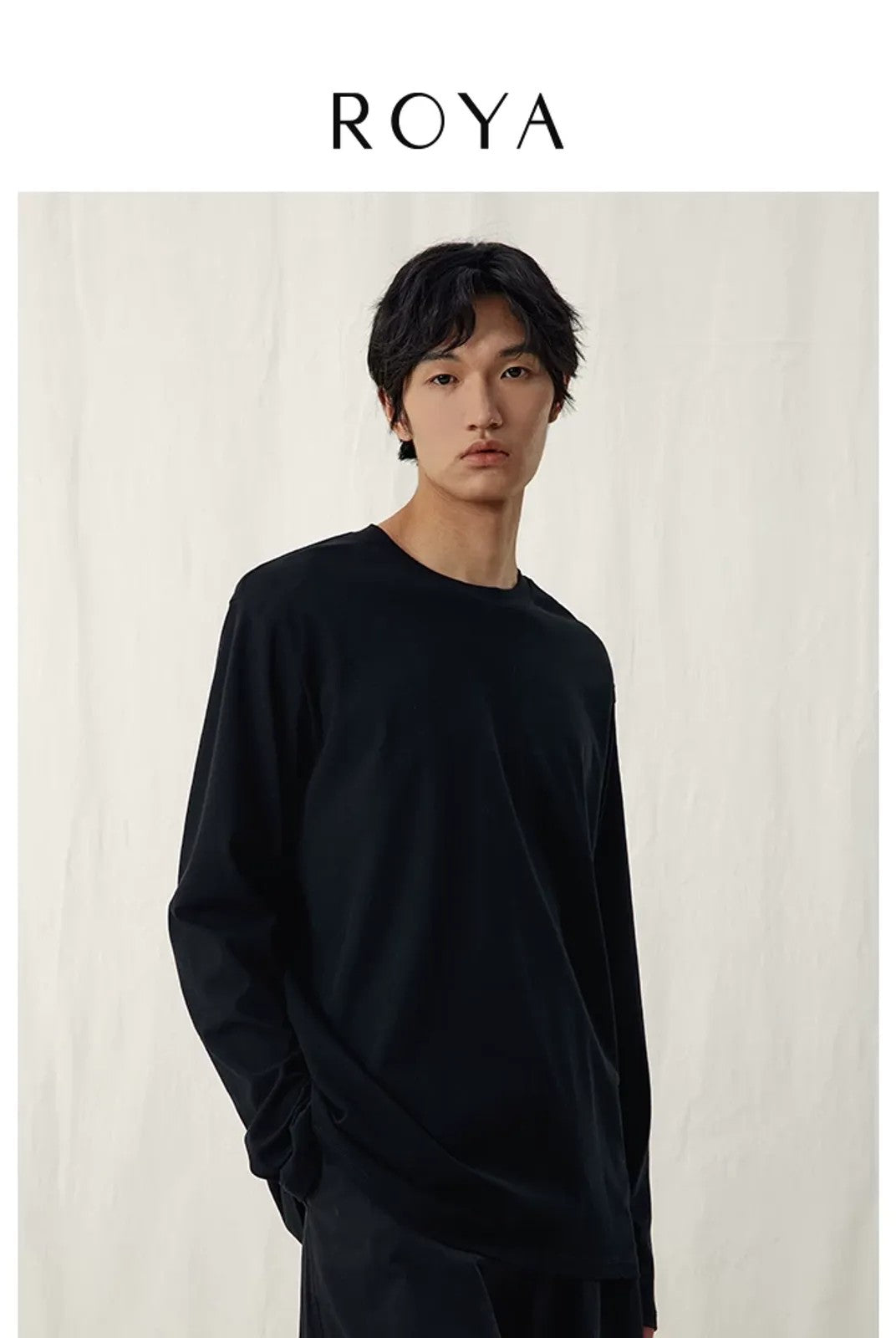 ROYA High Twist Cotton Long Sleeve Tee in Black - On Model