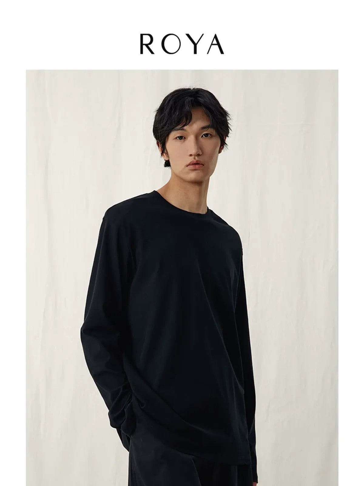 ROYA High Twist Cotton Long Sleeve Tee in Black - On Model