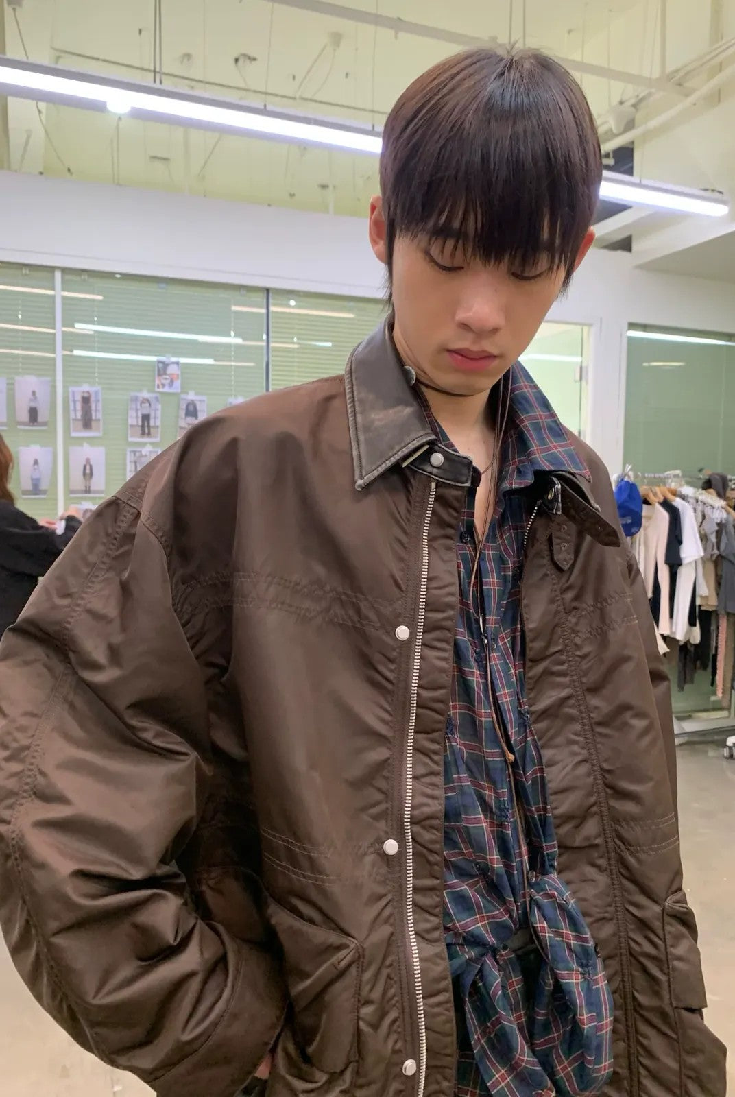 NeverSeez Vintage Wash Nylon Barn Jacket in Brown - On Model