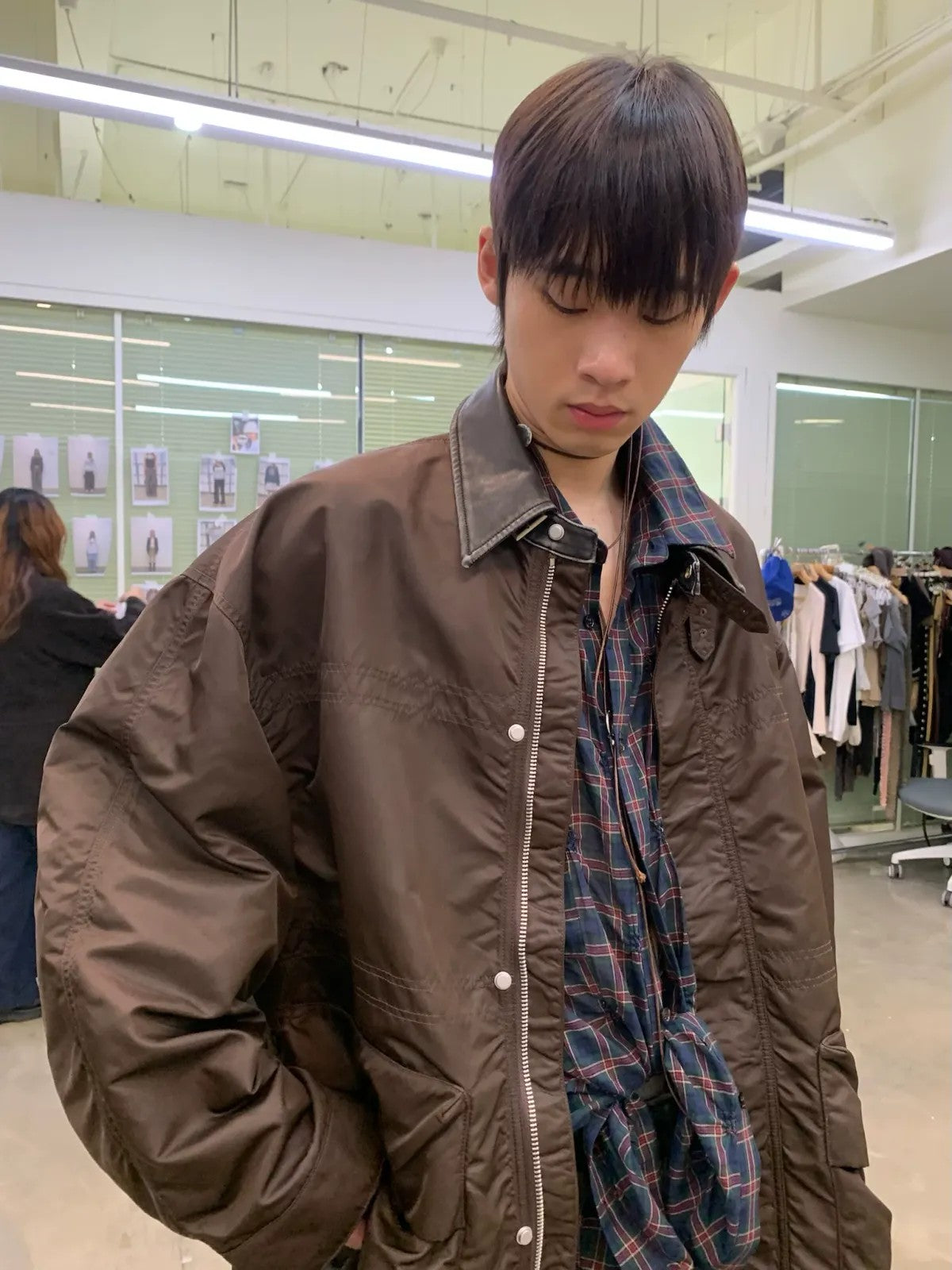 NeverSeez Vintage Wash Nylon Barn Jacket in Brown - On Male Model