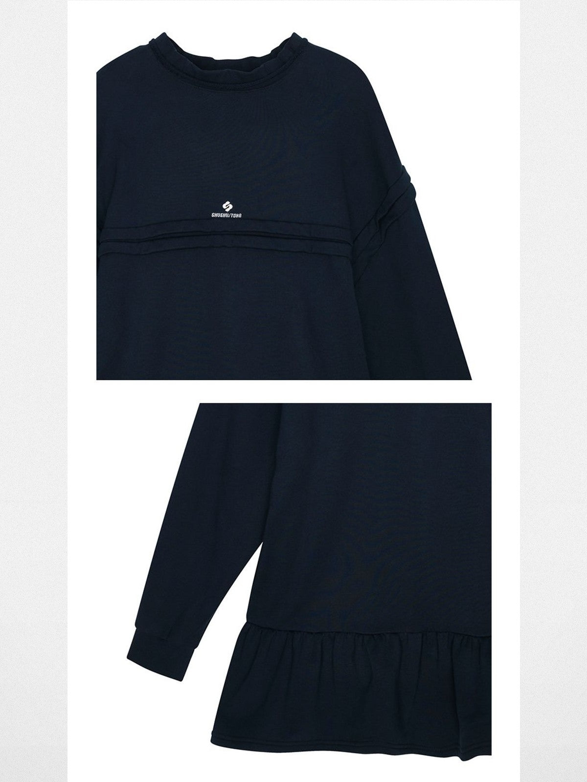 SHUSHUTONG Raw Edge Scalloped Sweatshirt Dress in Navy Blue - Detail