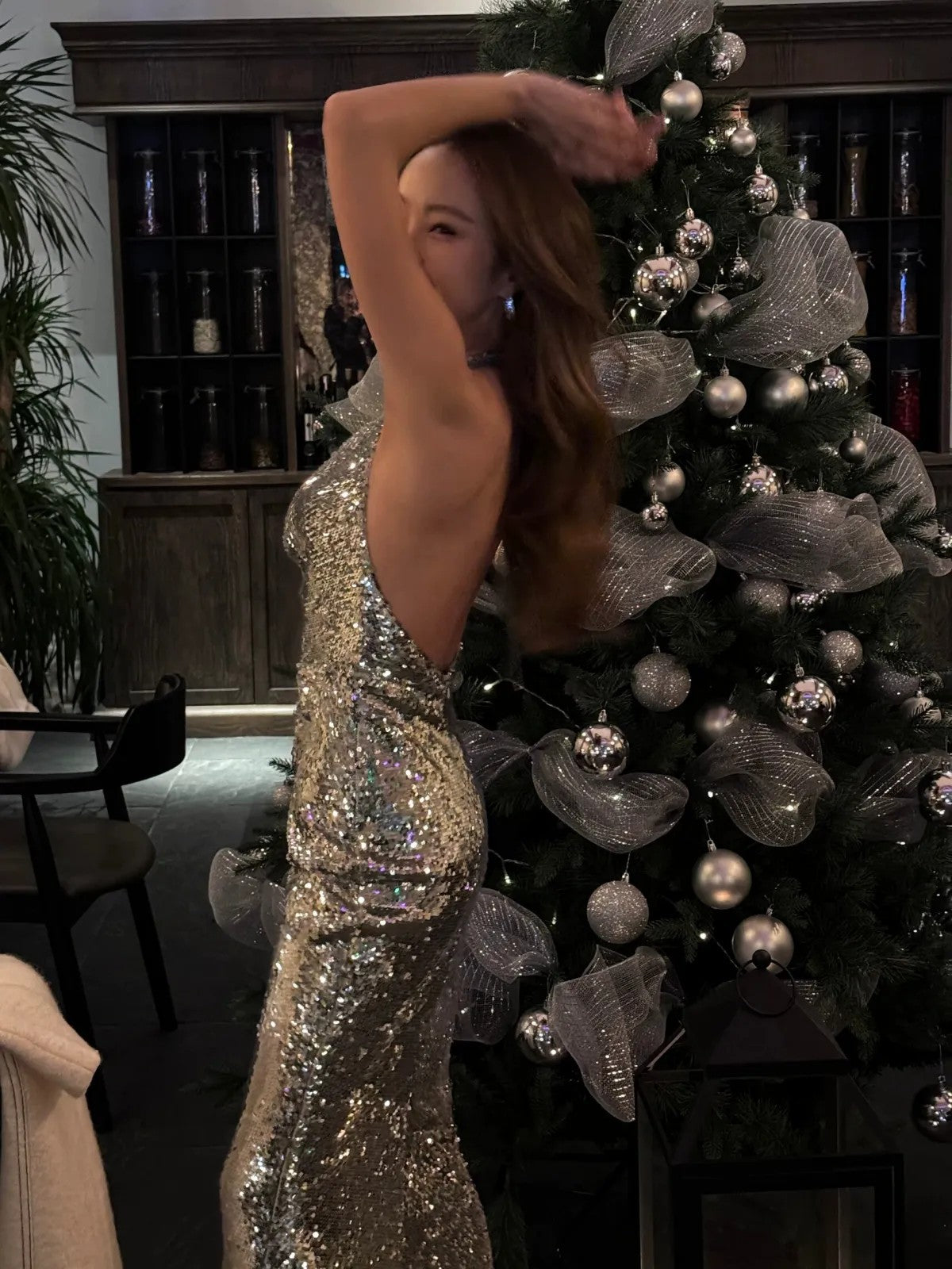 1S STUDIO Silver Sequin Cowl Neck Halter Dress in Silver - On Model