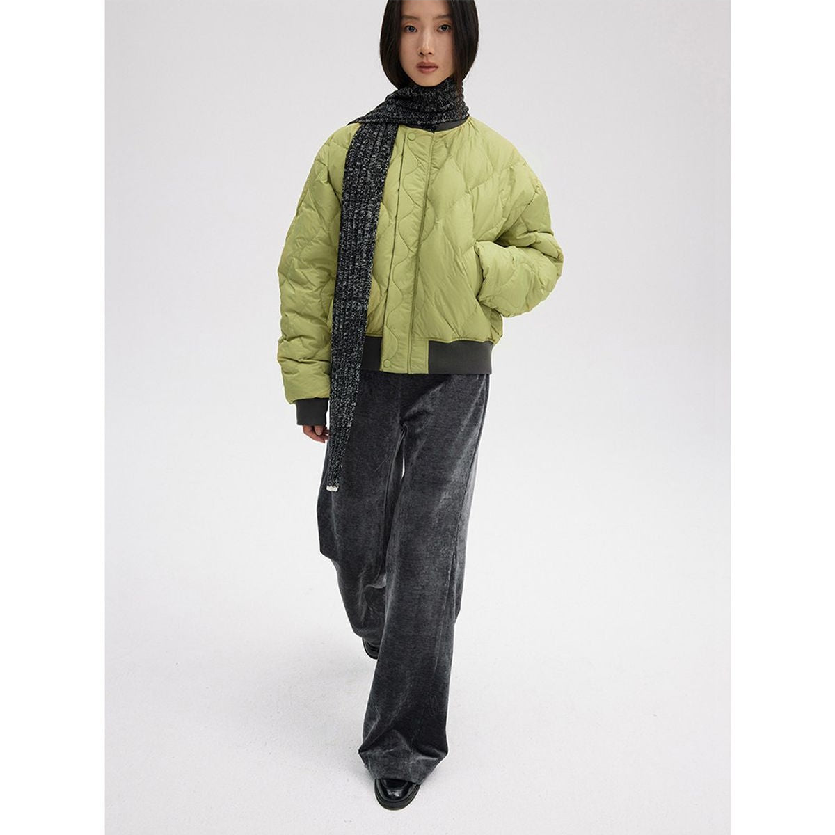 RandomPiece Chenille Velvet Micro Flare Pants in Green - On Model