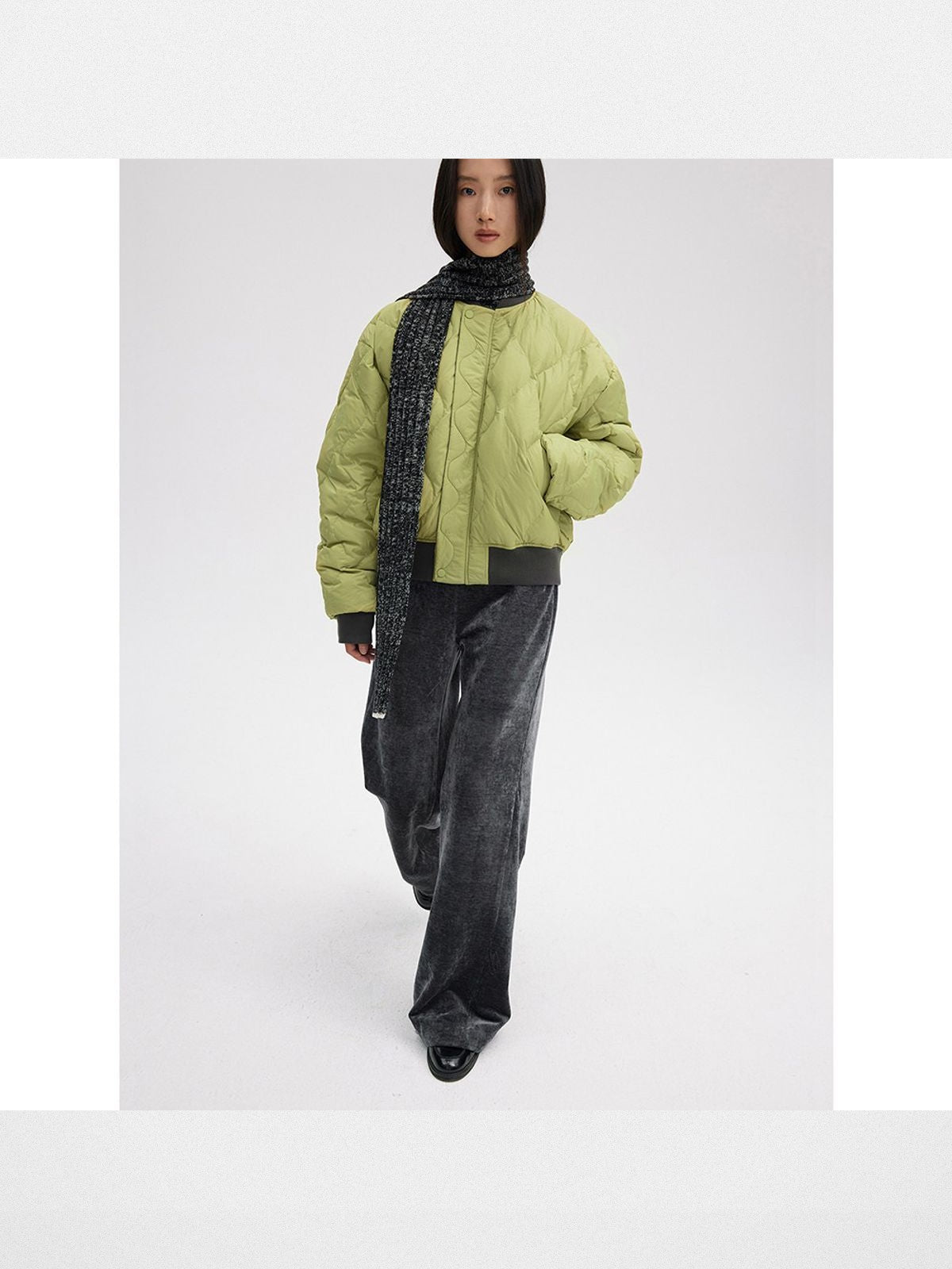 RandomPiece Chenille Velvet Micro Flare Pants in Green - On Model