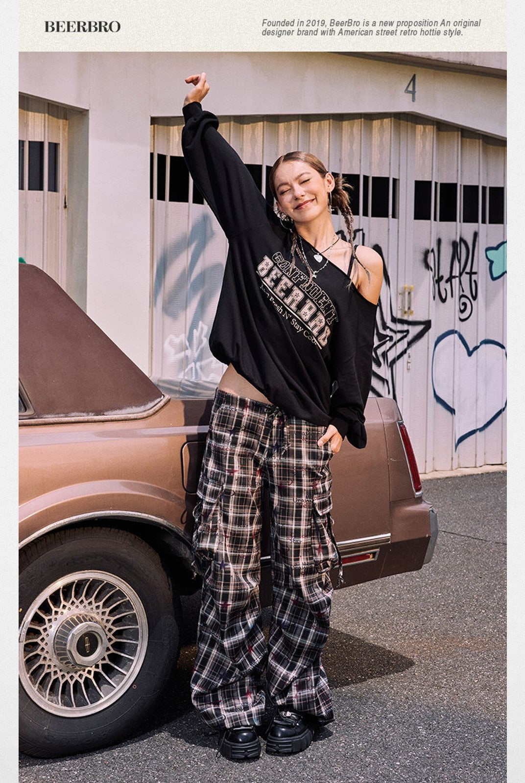 BeerBro Graffiti Plaid Strap Cargo Pants in Sky Blue