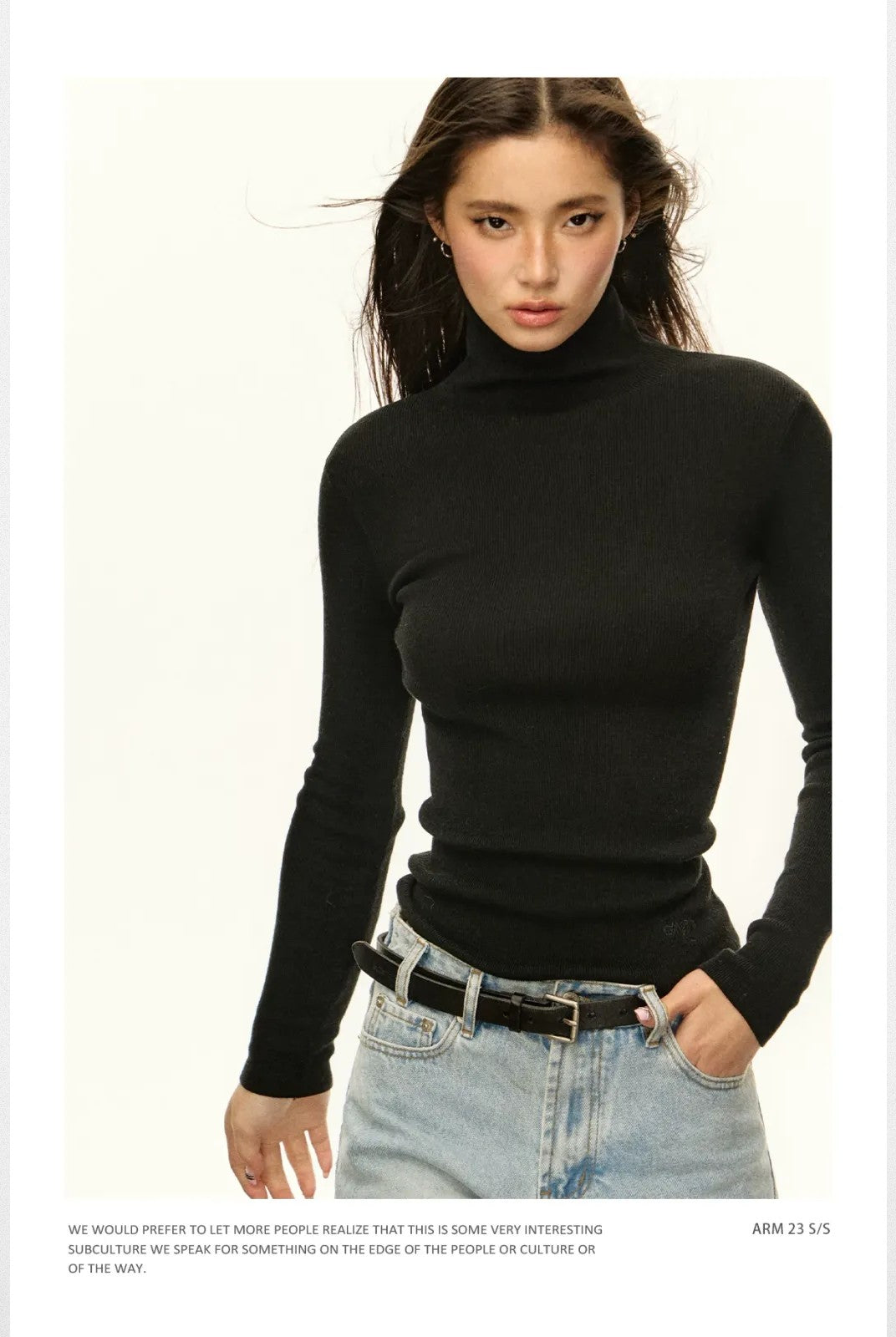ARISEISM Ribbed Mock Neck Wool Blend Top in Black