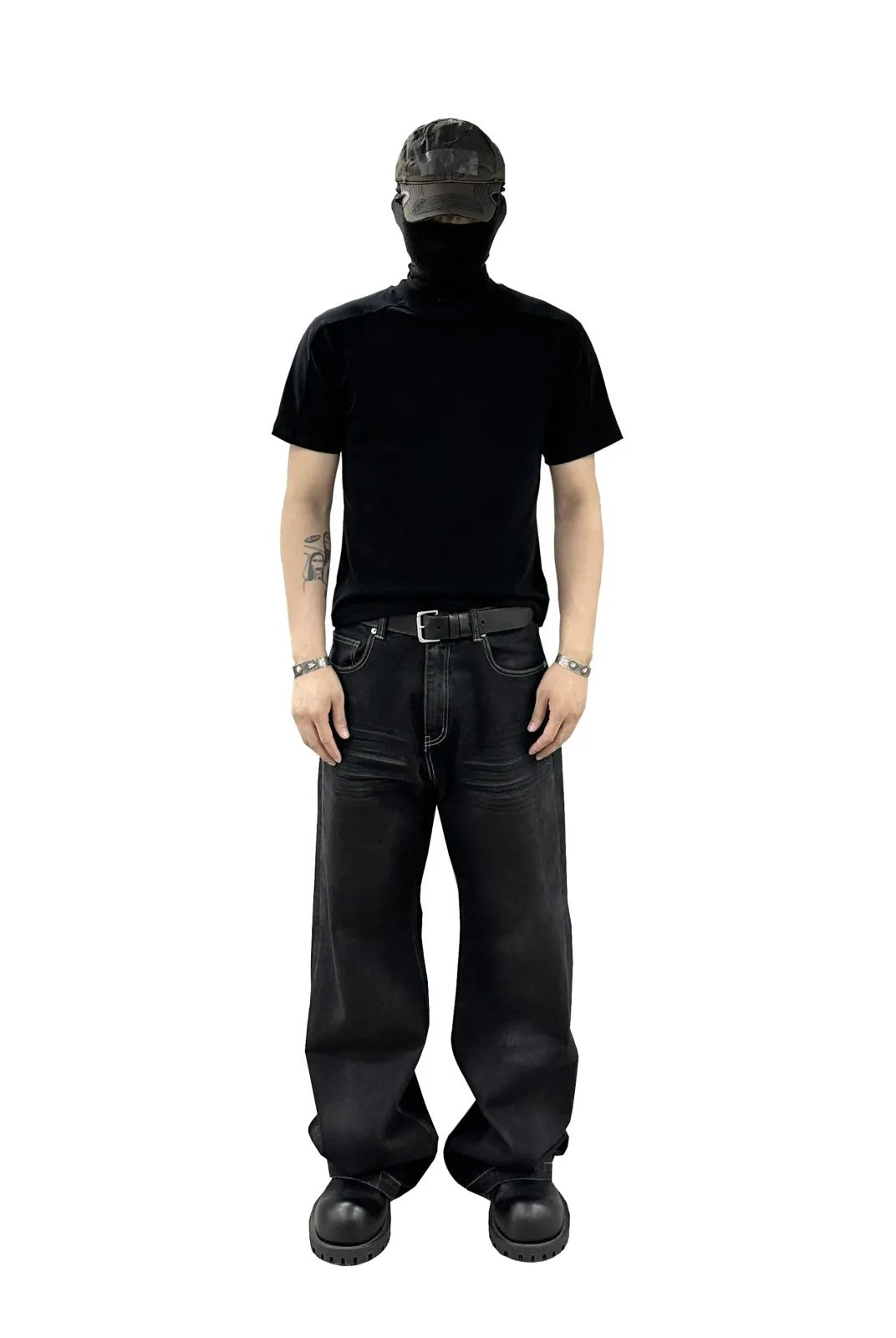 UNKNOWNWORLD Washed Waxed Wide Leg Jeans in Black - On Model