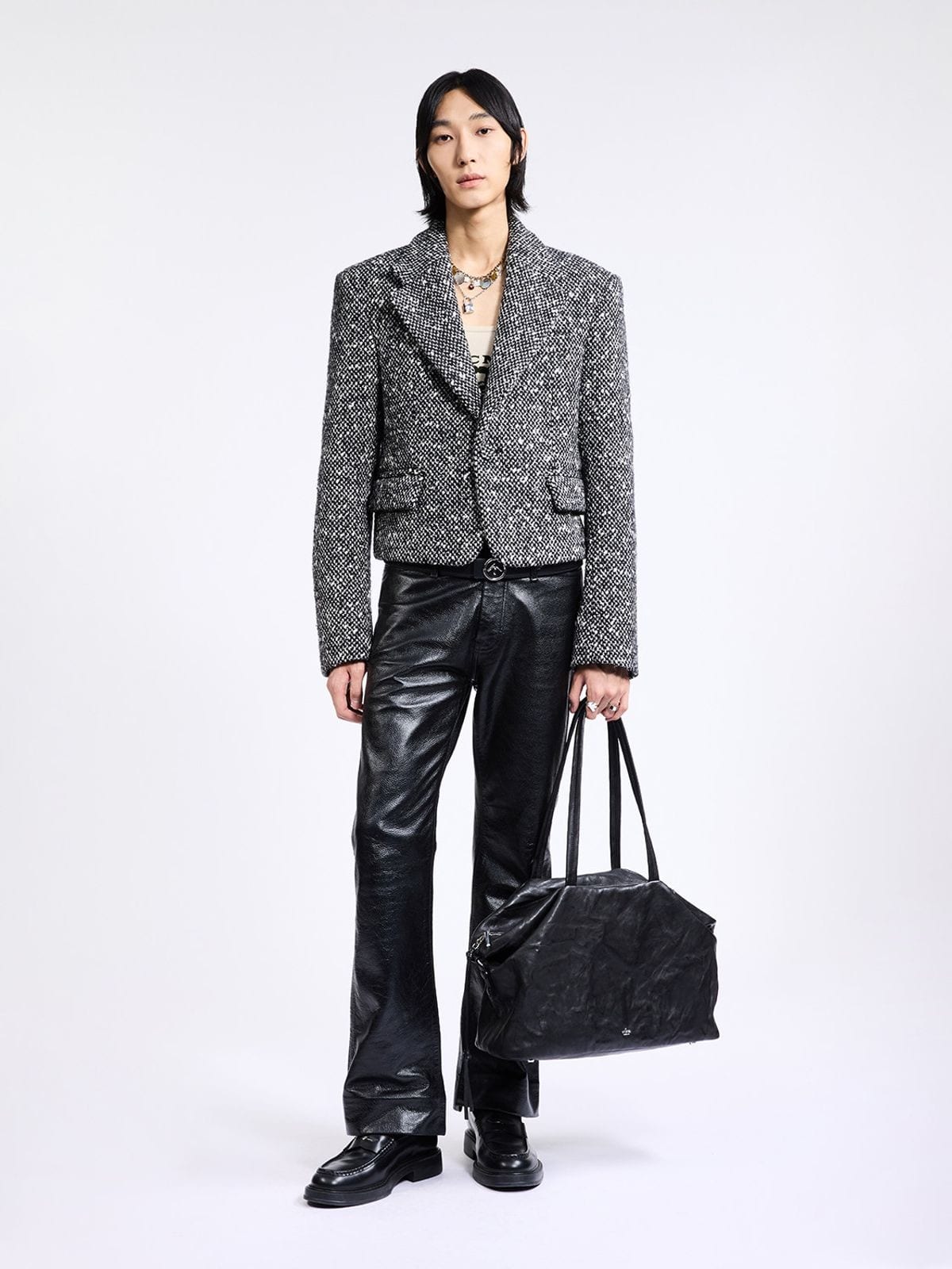 Grotto Vegetable Tanned Sheepskin Tote in Black - On Male Model