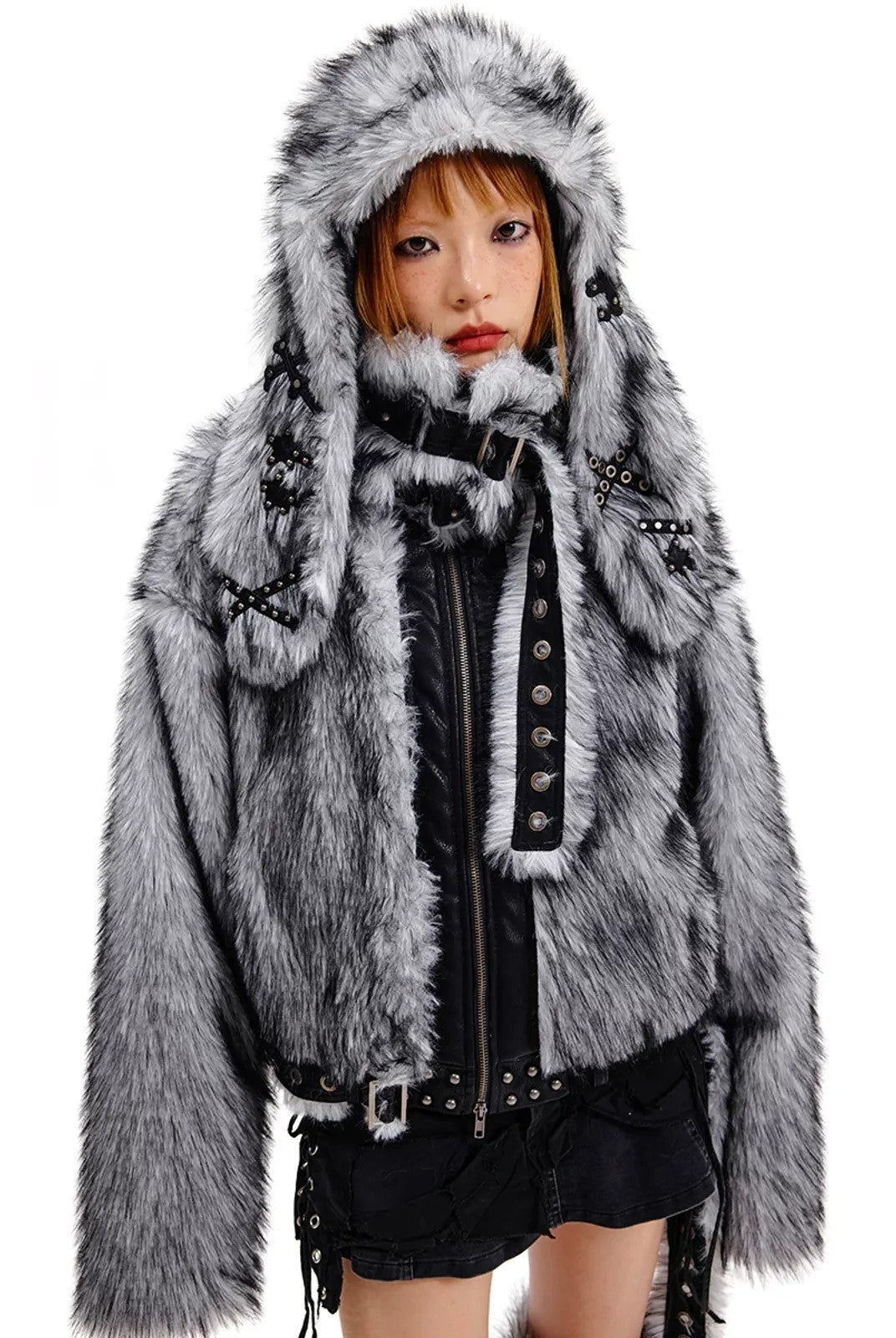 CFIERCE Grey Rabbit Faux Fur Balaclava in Gray - On Model