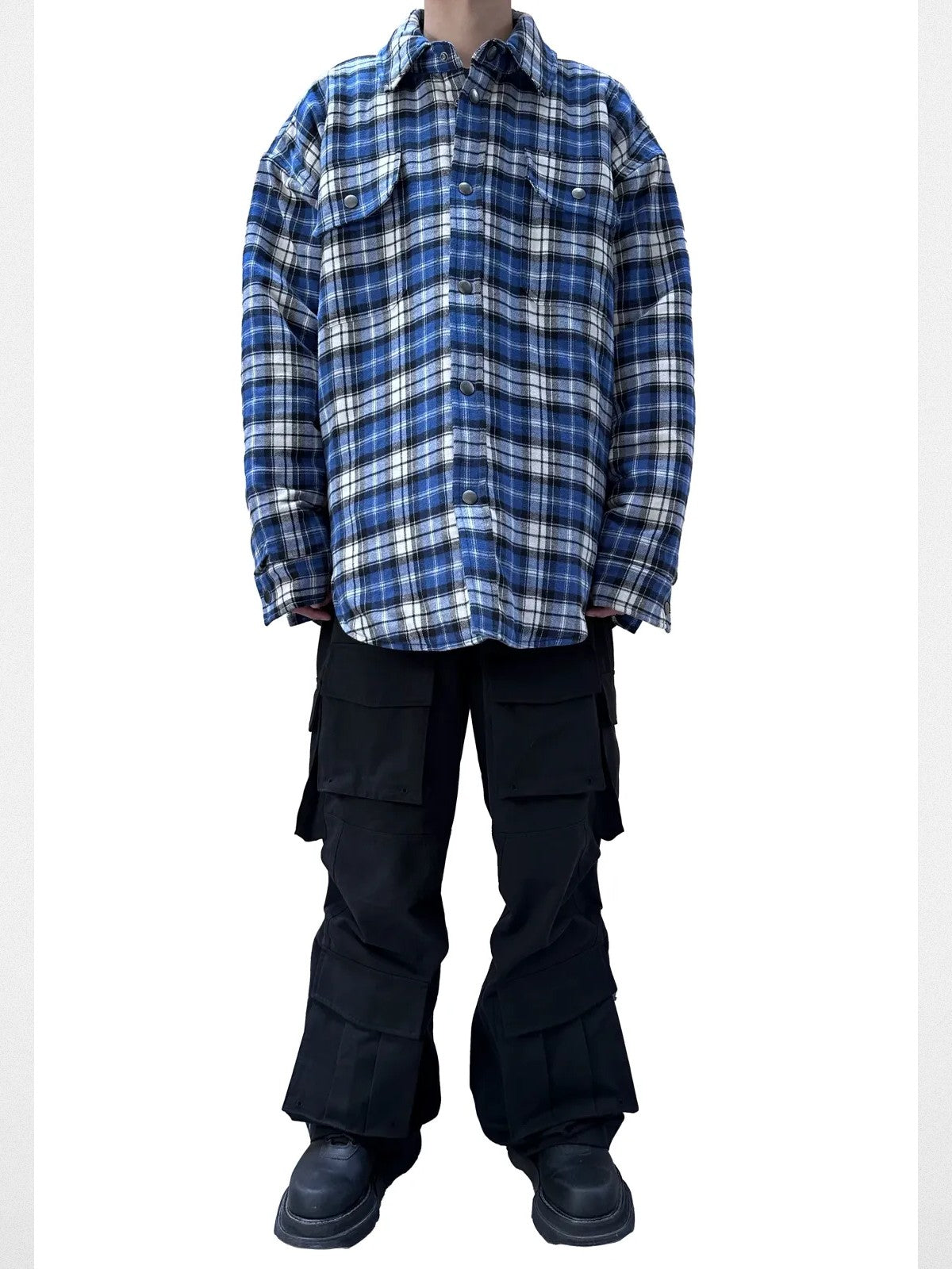 UNKNOWNWORLD Oversized Padded Flannel Shirt in White - On Model