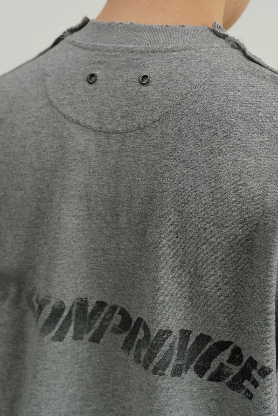 MASONPRINCE Distressed Spray Paint Logo Tee in Gray - On Model